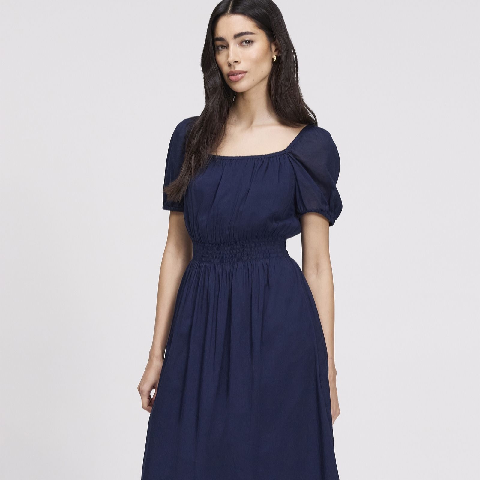 Finery Women's Navy London Mandy 100% Cotton Voile Puff Sleeve Dress Standard