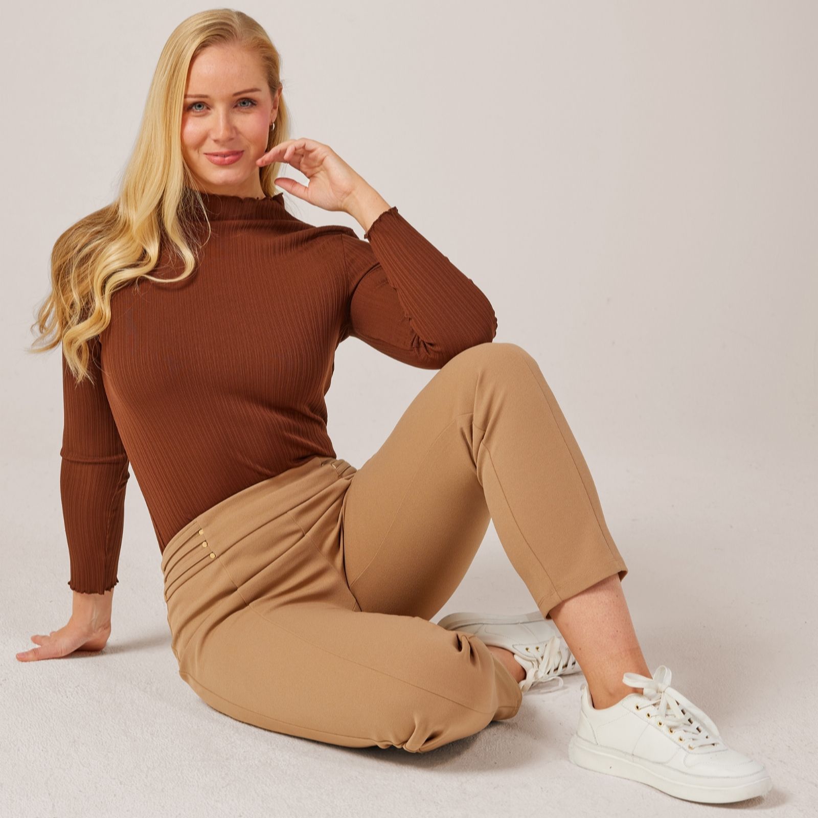 Nina Leonard Tan Waist Buttons Narrow Leg Petite Trousers