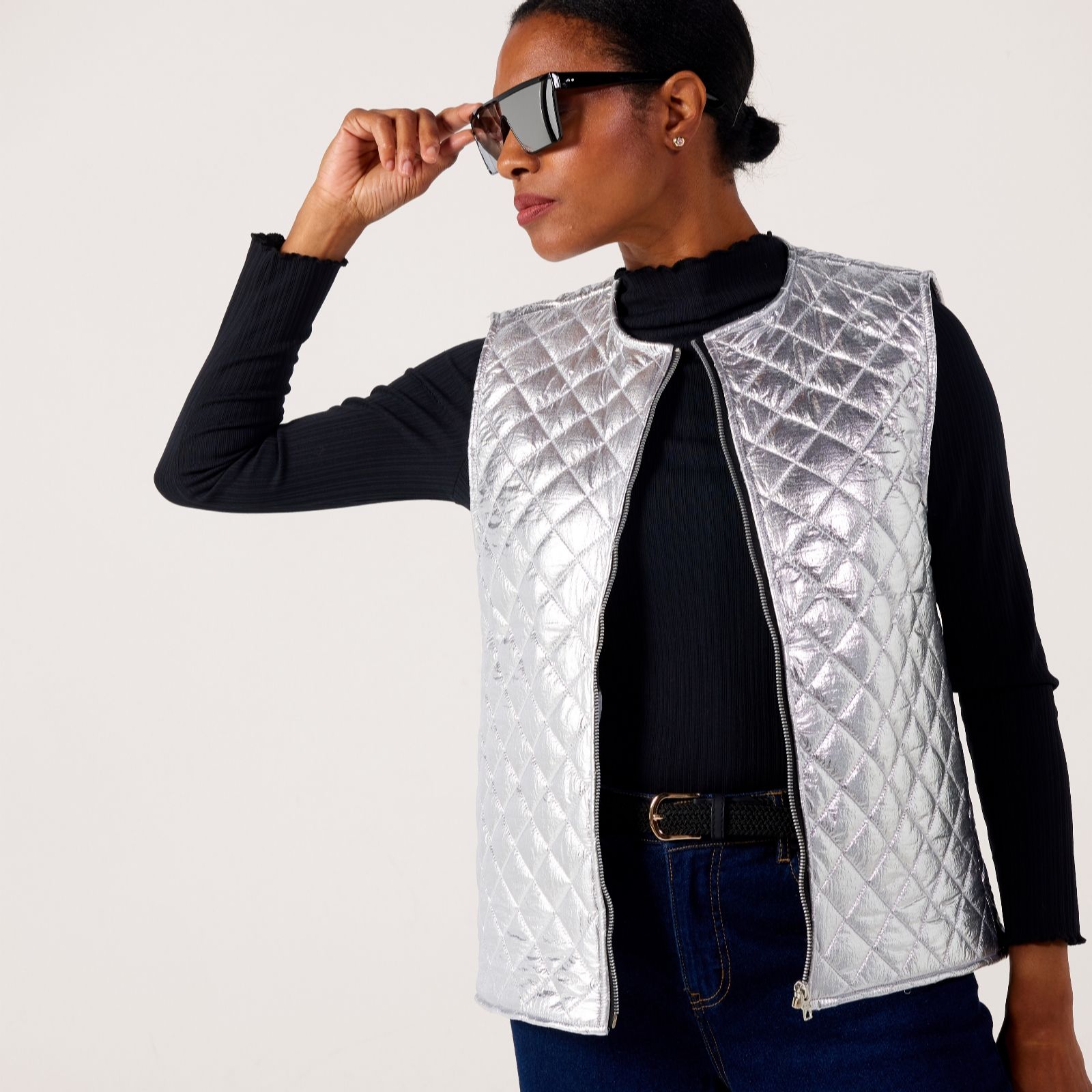 Helene Berman Navy Metallic Padded Gilet With Soft Fur Lining