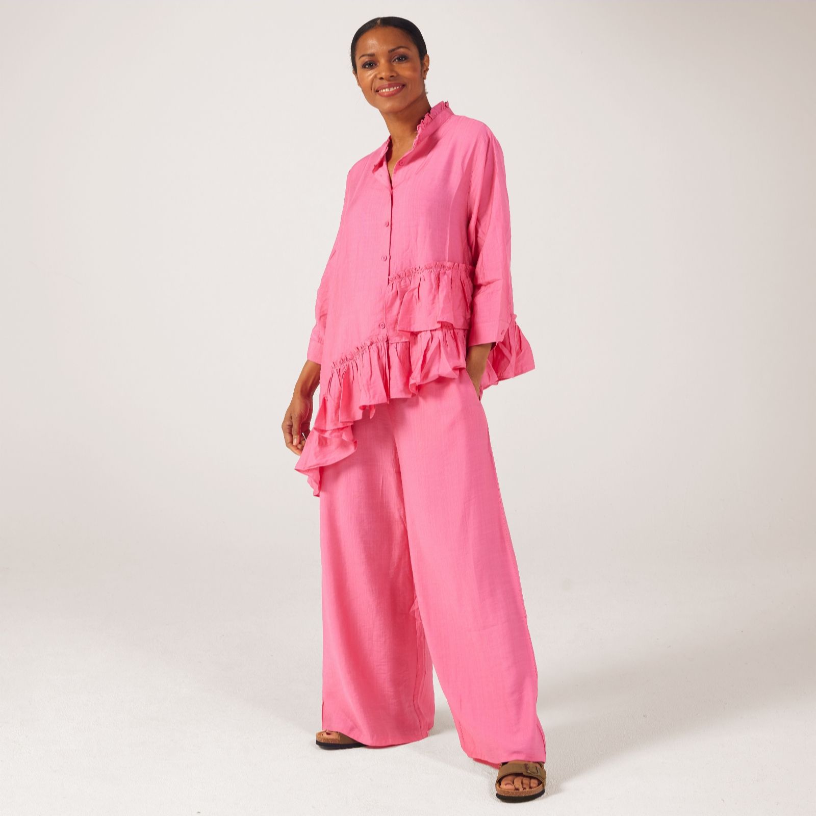 Malissa J Linen Handfeel Mixed Level Frill Detail Button Shirt