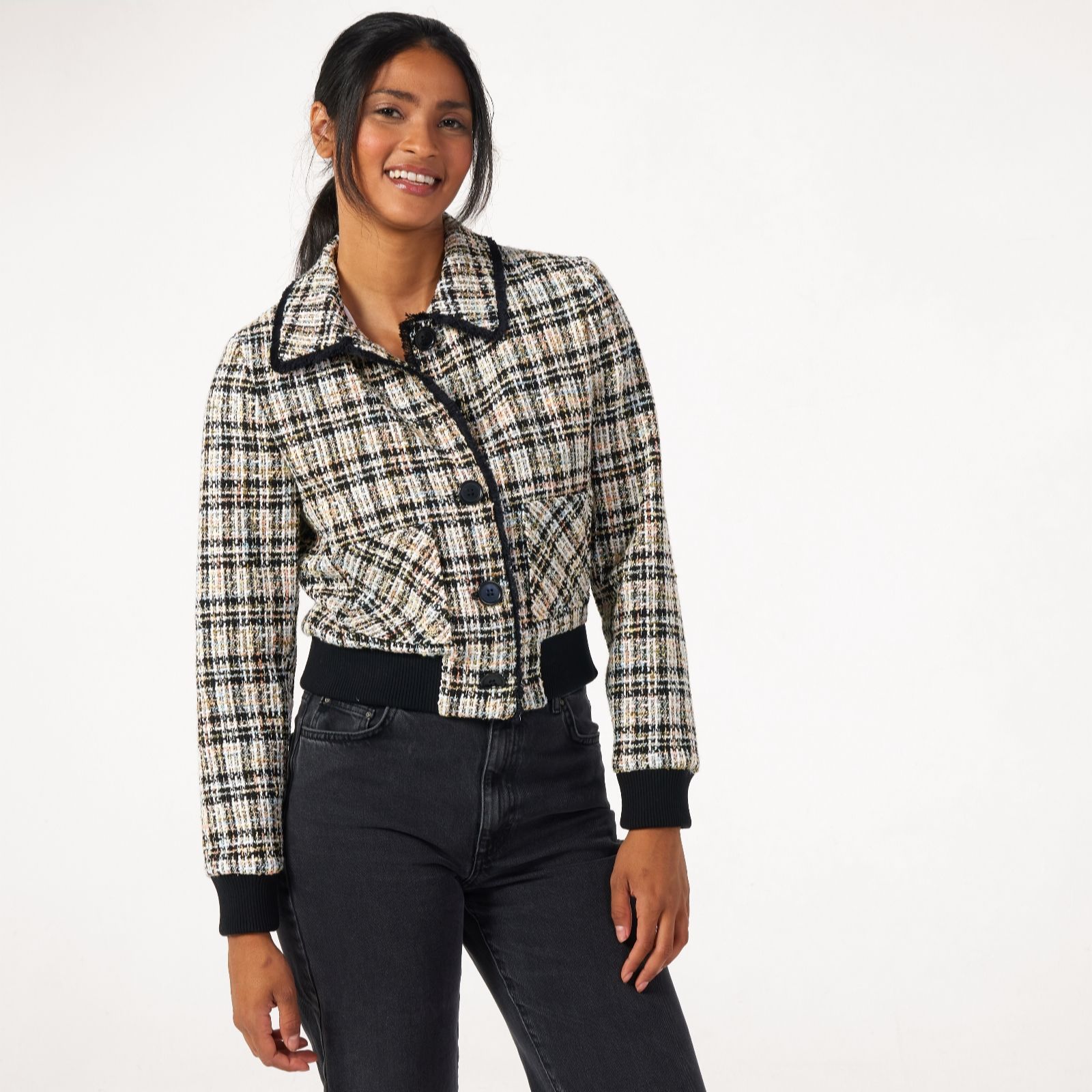 Helene Berman Multi Coloured Cropped Tweed Bomber Jacket