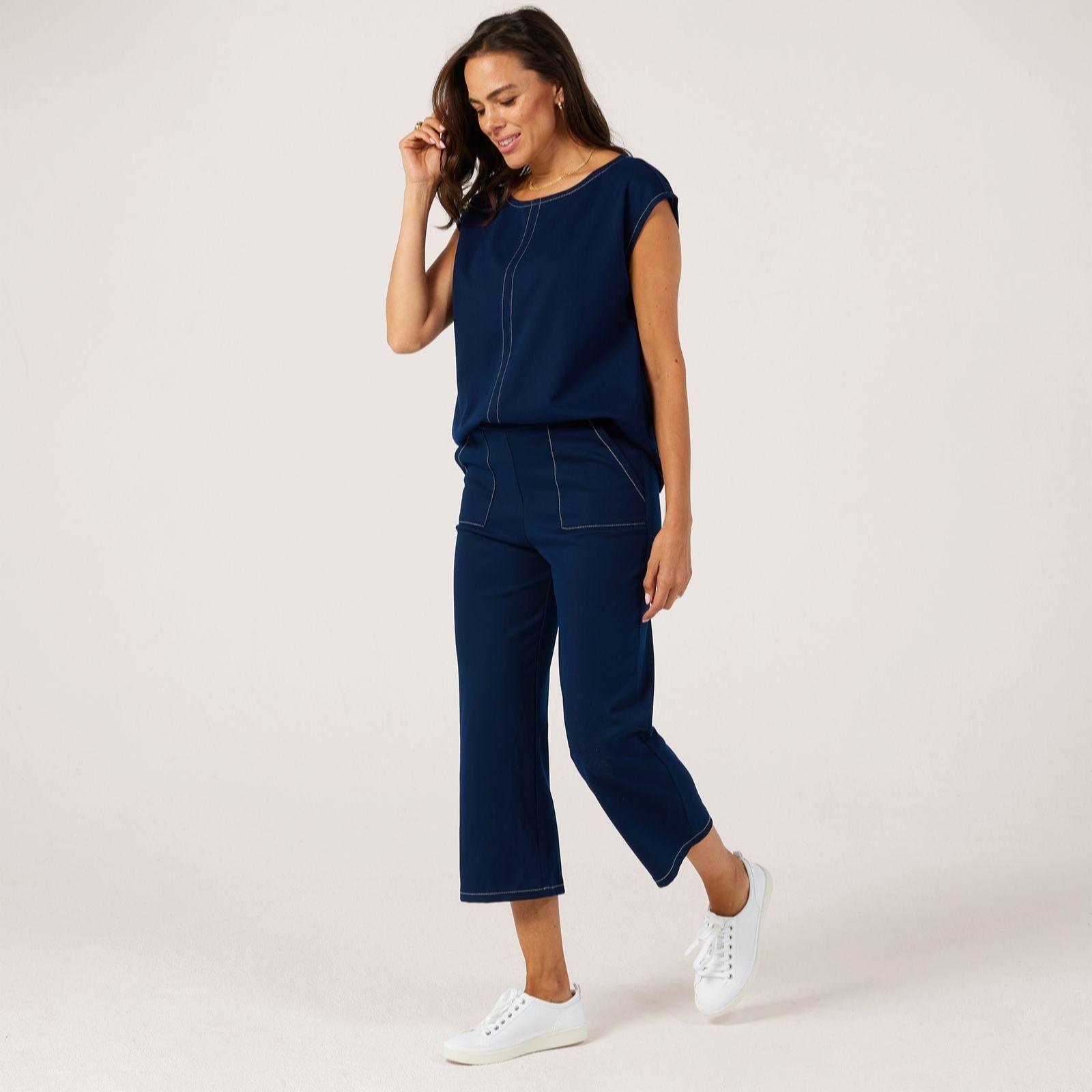 Kim & Co Caramel Contrast Stitch Jenna Twill Wide Leg Crop Standard Trousers