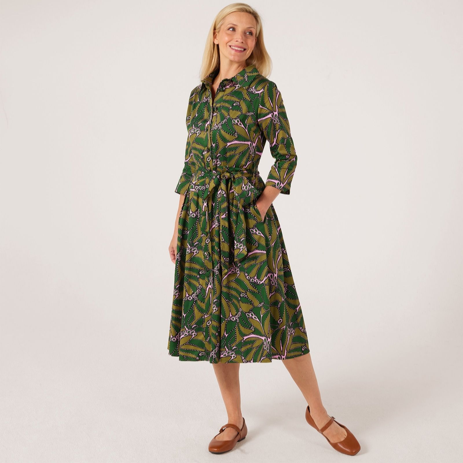 Helene Berman Red Pink Printed Midi Shirt Dress