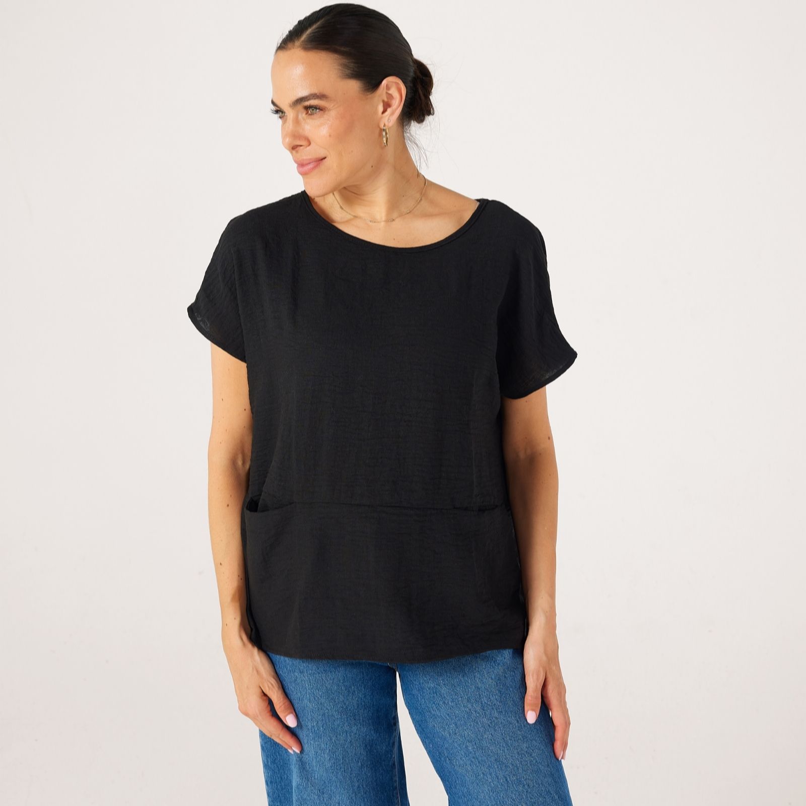 Kim & Co Black Linen Feel Loose Top With Pockets