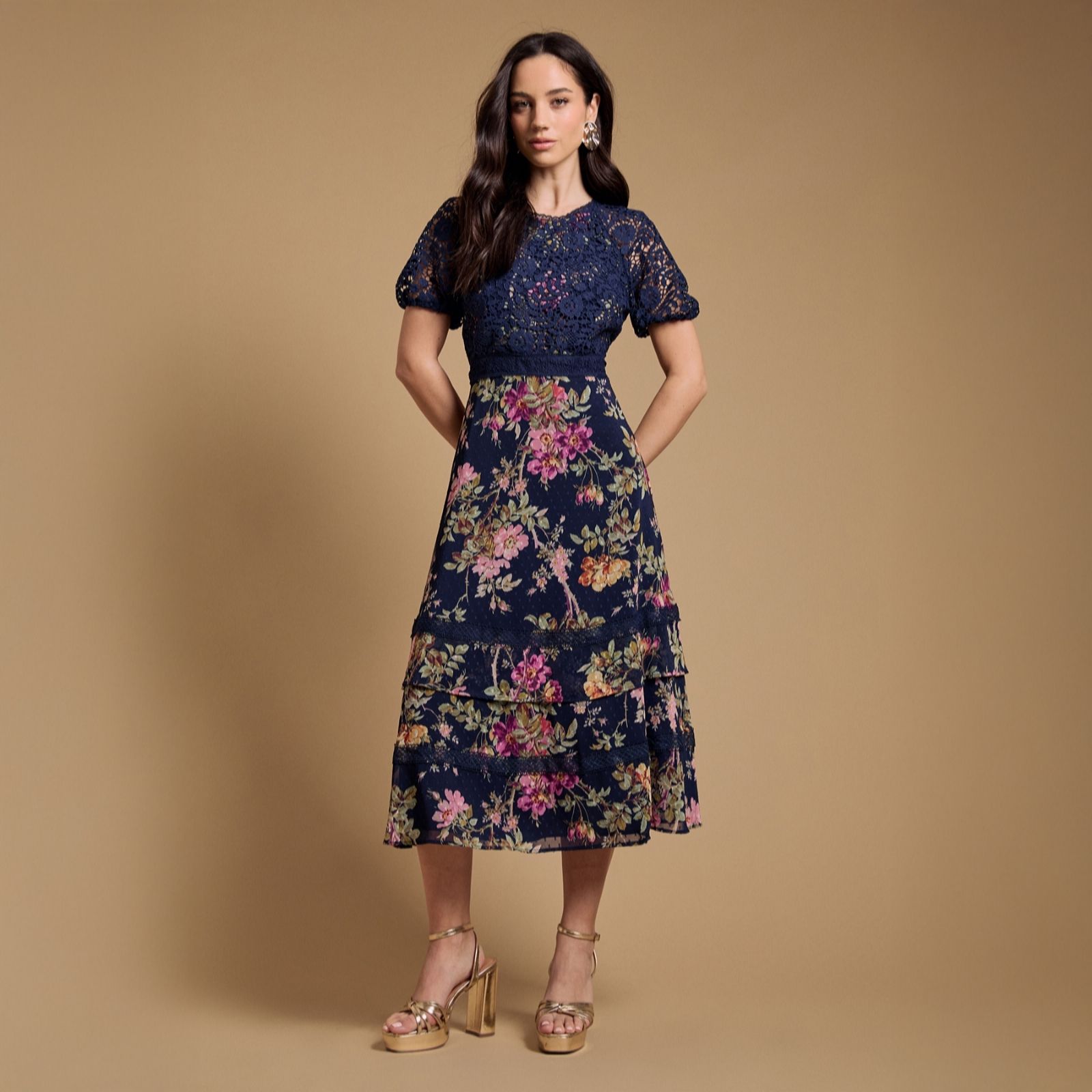 Oasis Occasion Floral Lace Bodice Pleated Midi Dress Petite women's