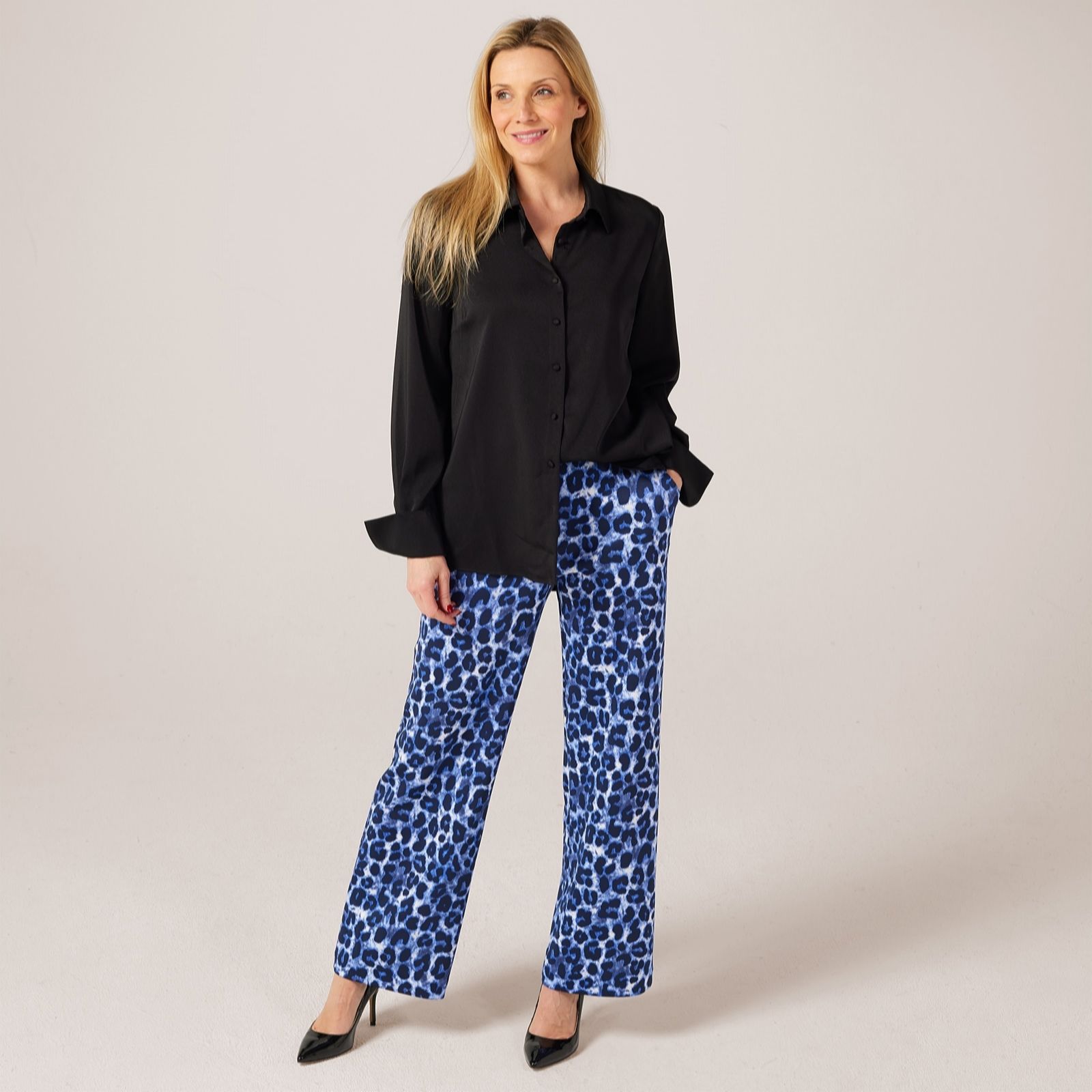 Helene Berman Blue Leopard Print Thick Jersey Stretch Trousers