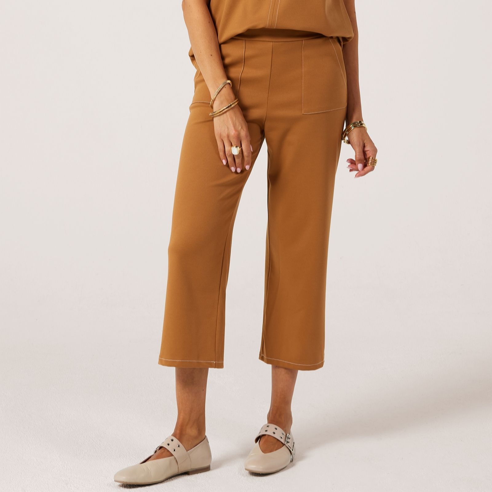 Kim & Co Caramel Contrast Stitch Jenna Twill Wide Leg Crop Petite Trousers