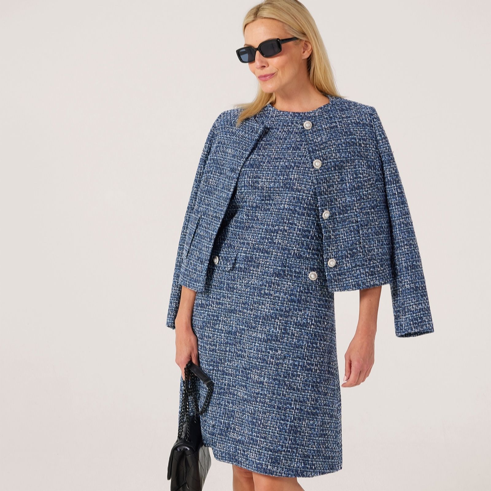 Helene Berman Cream Sparkle Tweed Dress With Pearl Buttons