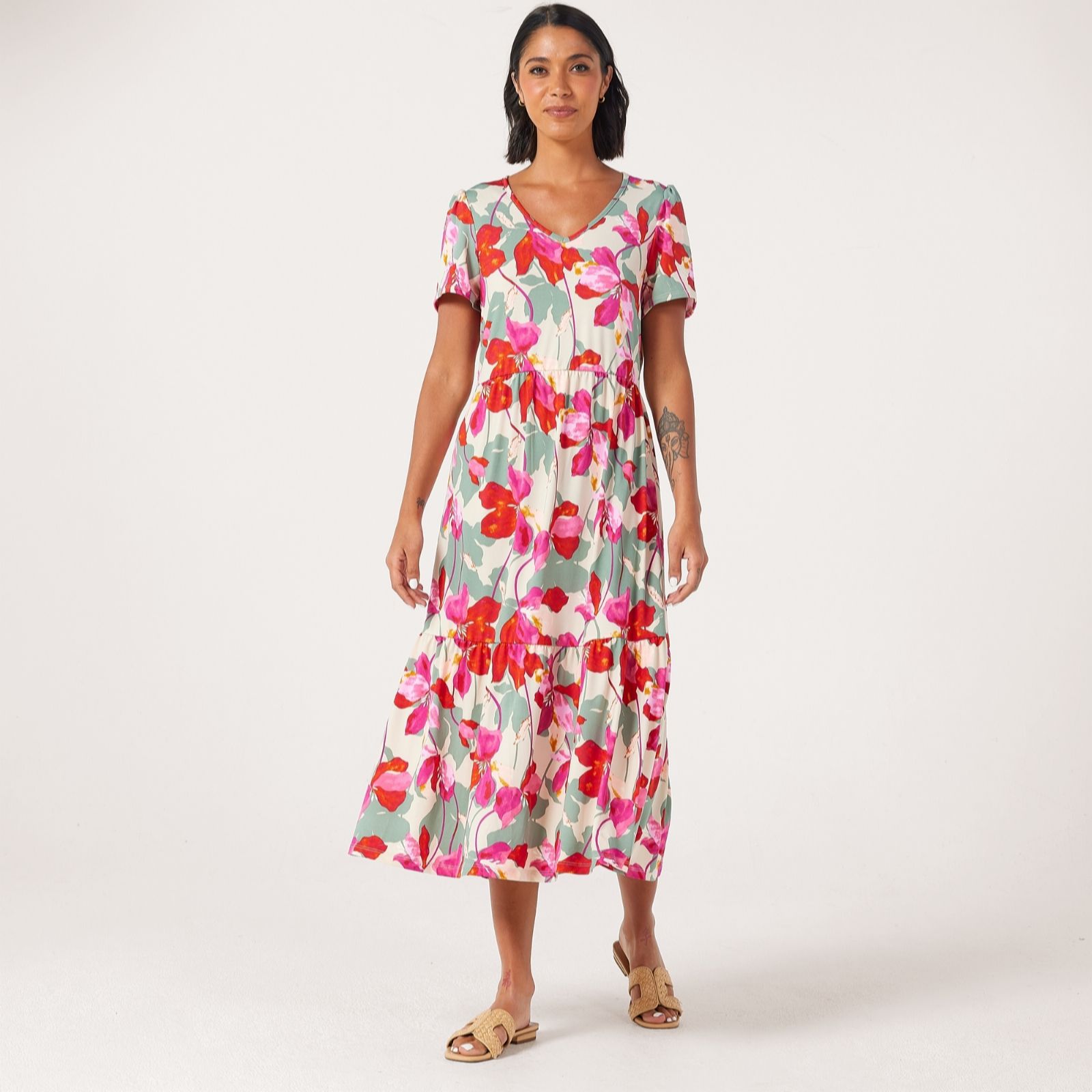 Kim & Co Black,Sand Printed Brazil Jersey Cap Sleeve Frilled Midi Dress