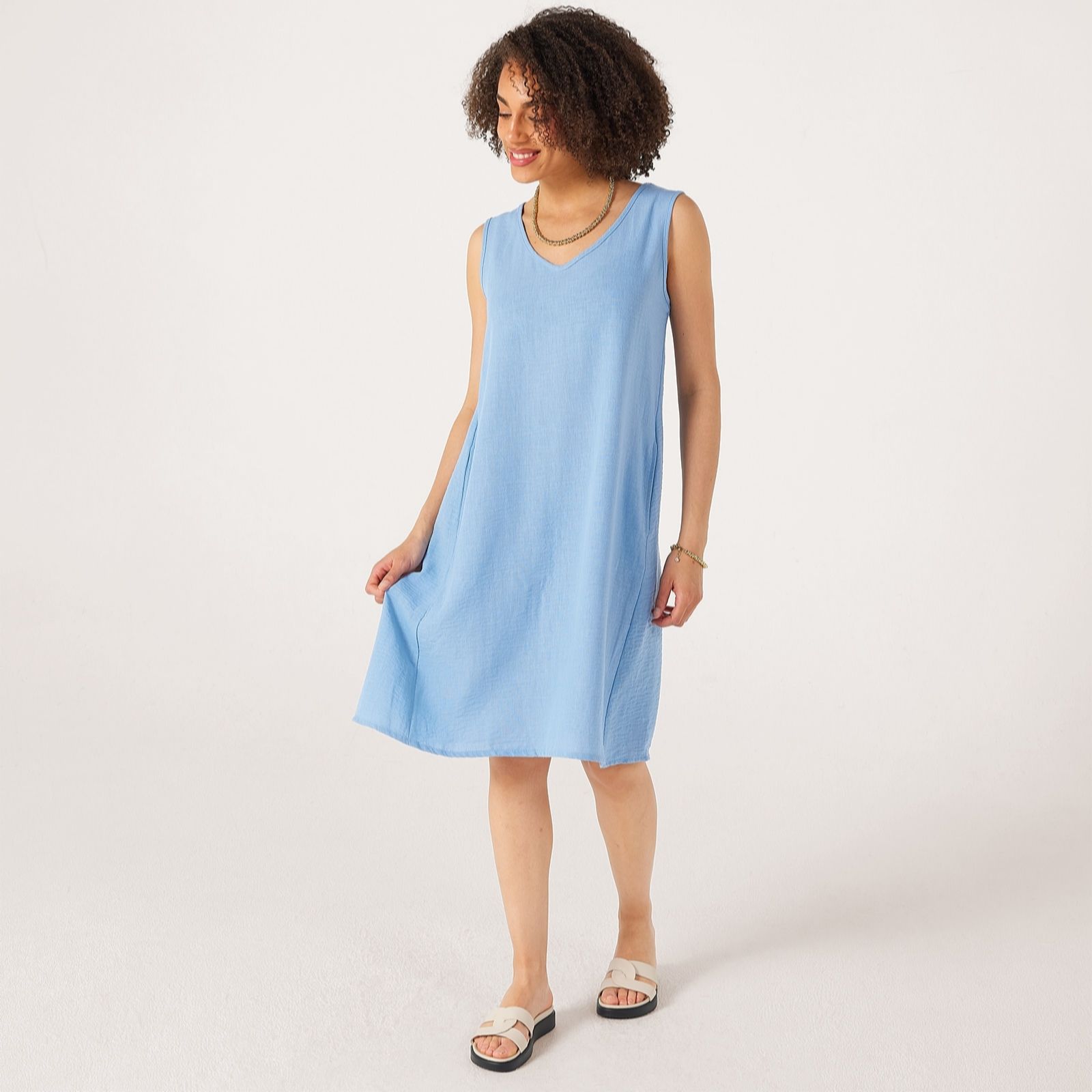 Kim & Co Blue Linen Feel Sleeveless A-Line Dress With Pockets