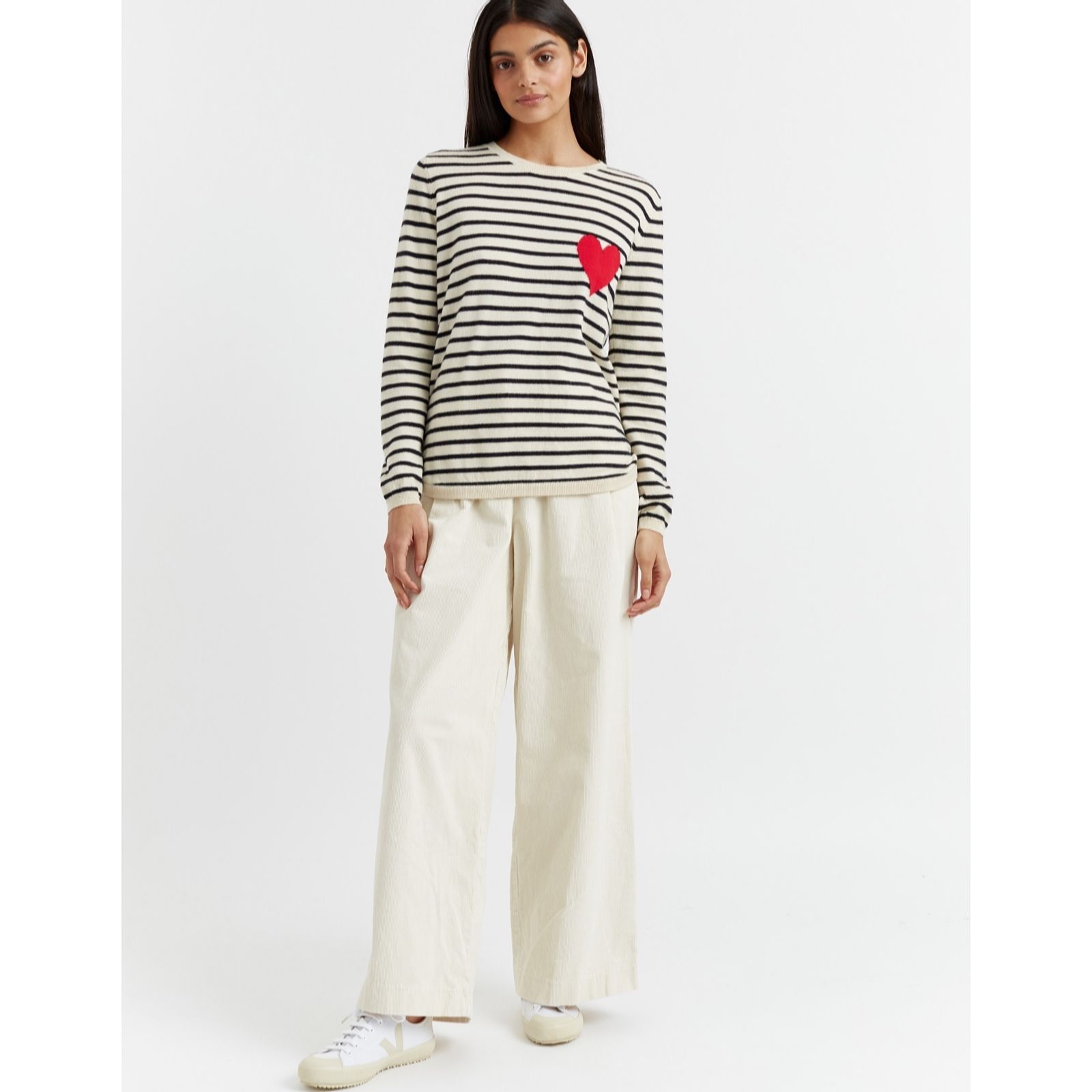 Chinti & Parker Navy Cream Wool Cashmere Blend Heart Breton Jumper
