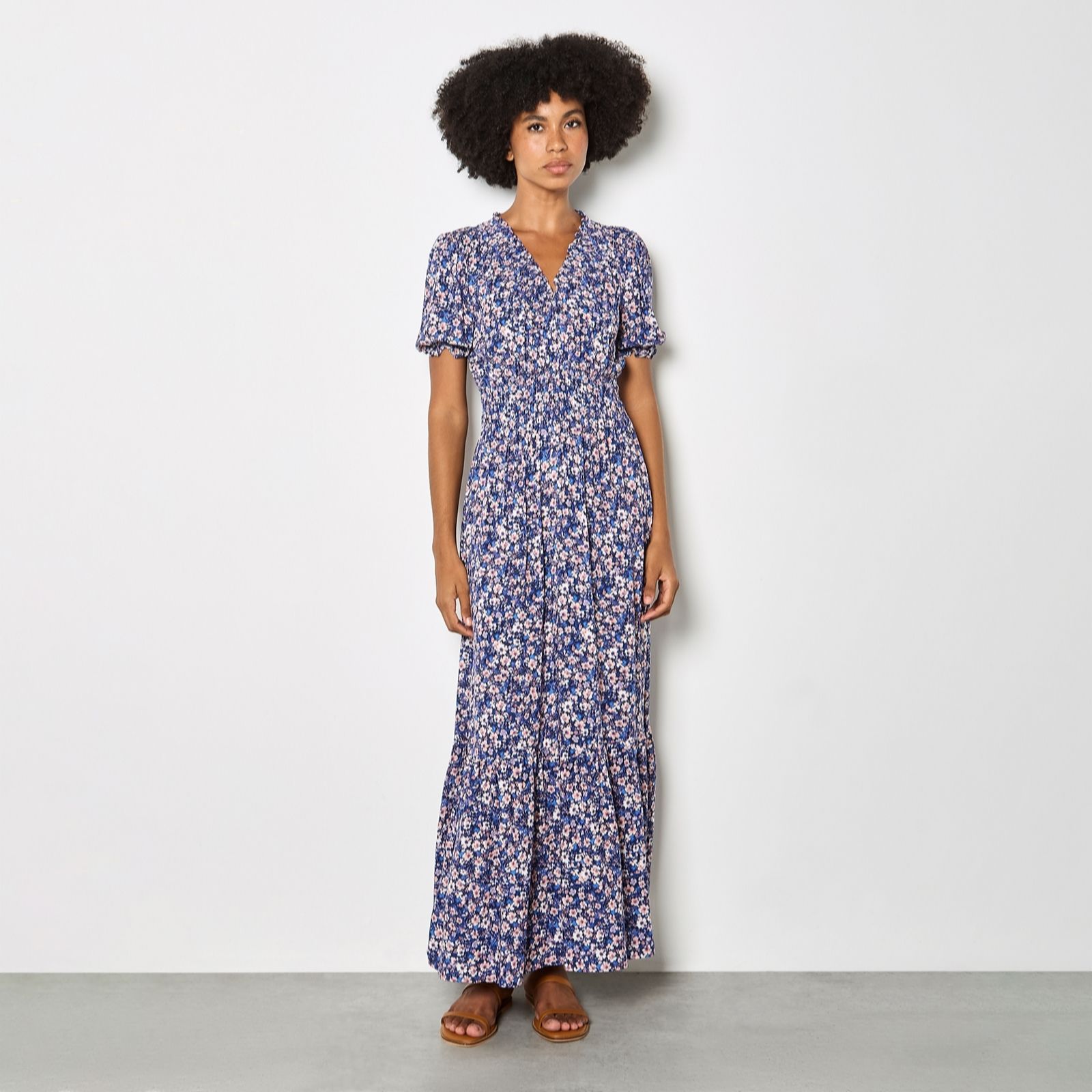 Apricot Blue Smock V-Neck Floral Midi Dress