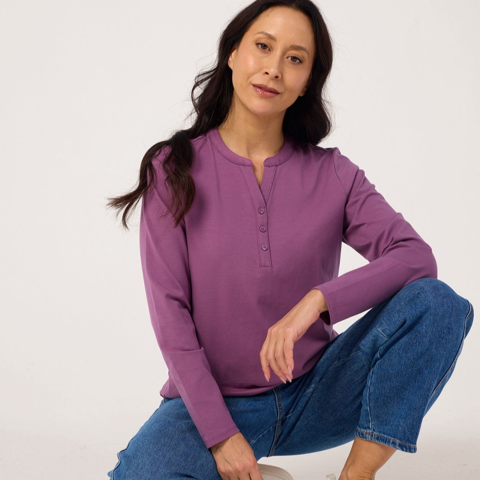 Denim & Co. Essentials Y-Neck Long Sleeve Top with Buttons