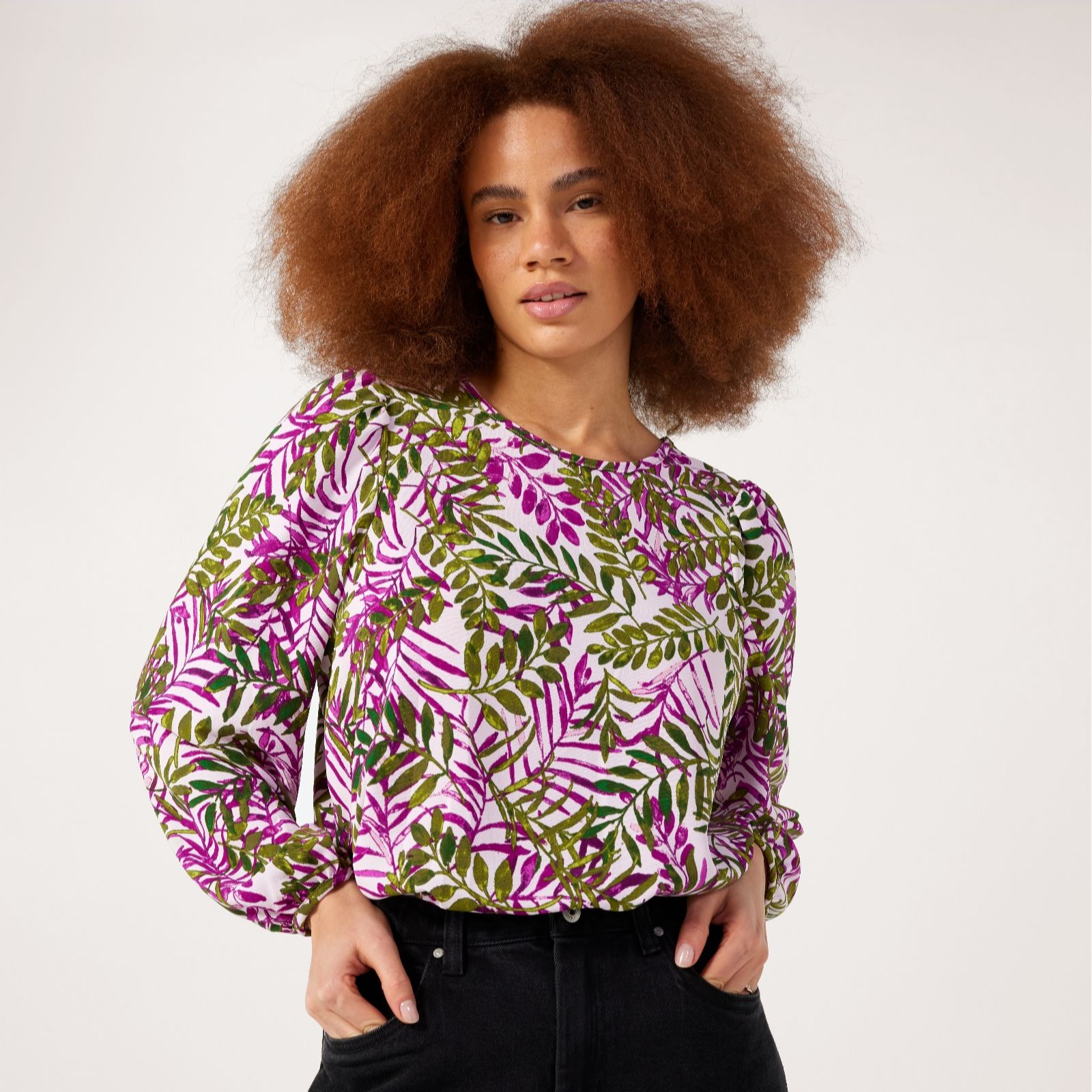Kim & Co Ecru Crinkle Poplin Blouson Sleeve Top