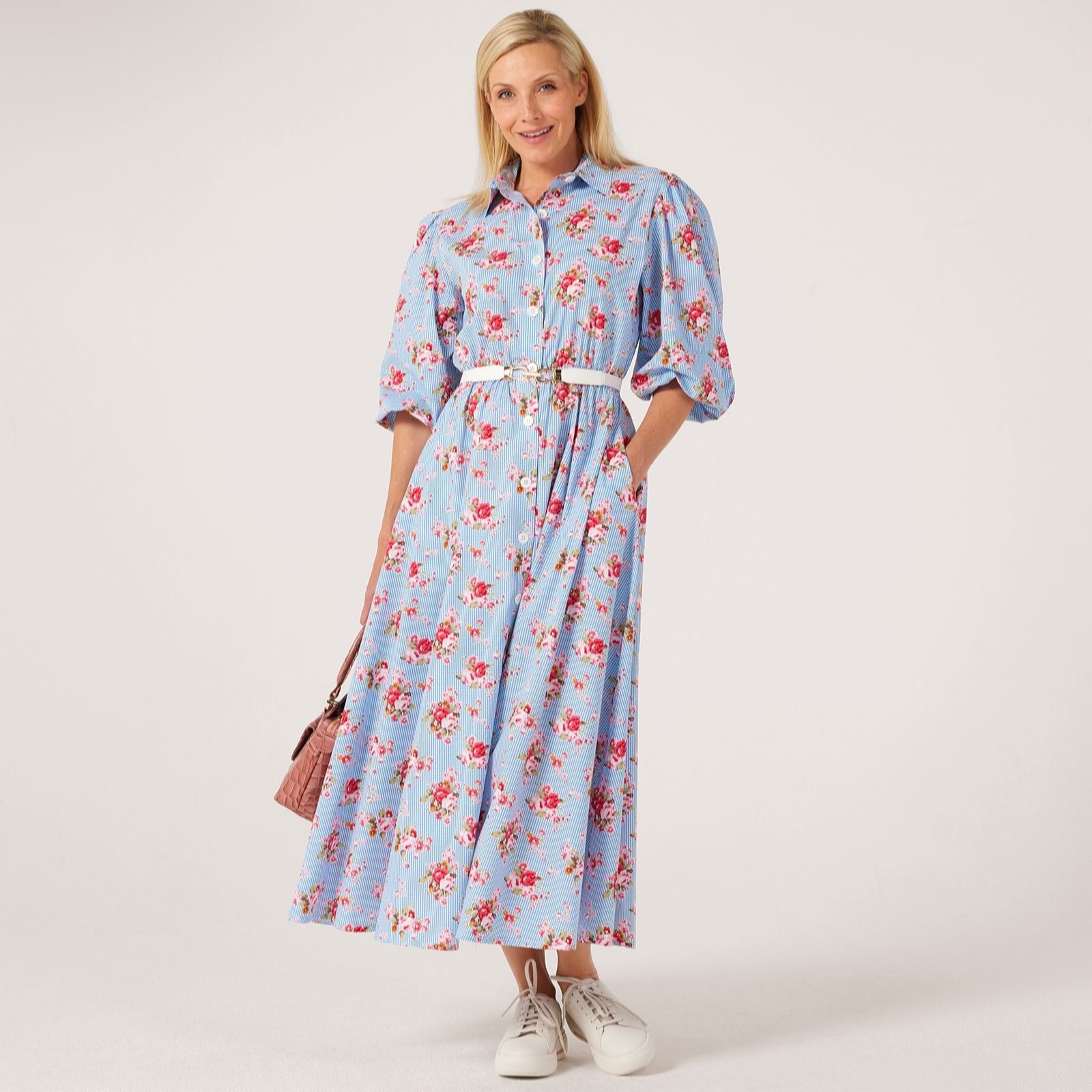 Helene Berman Gingham Rose Cotton Poplin Printed Maxi Dress