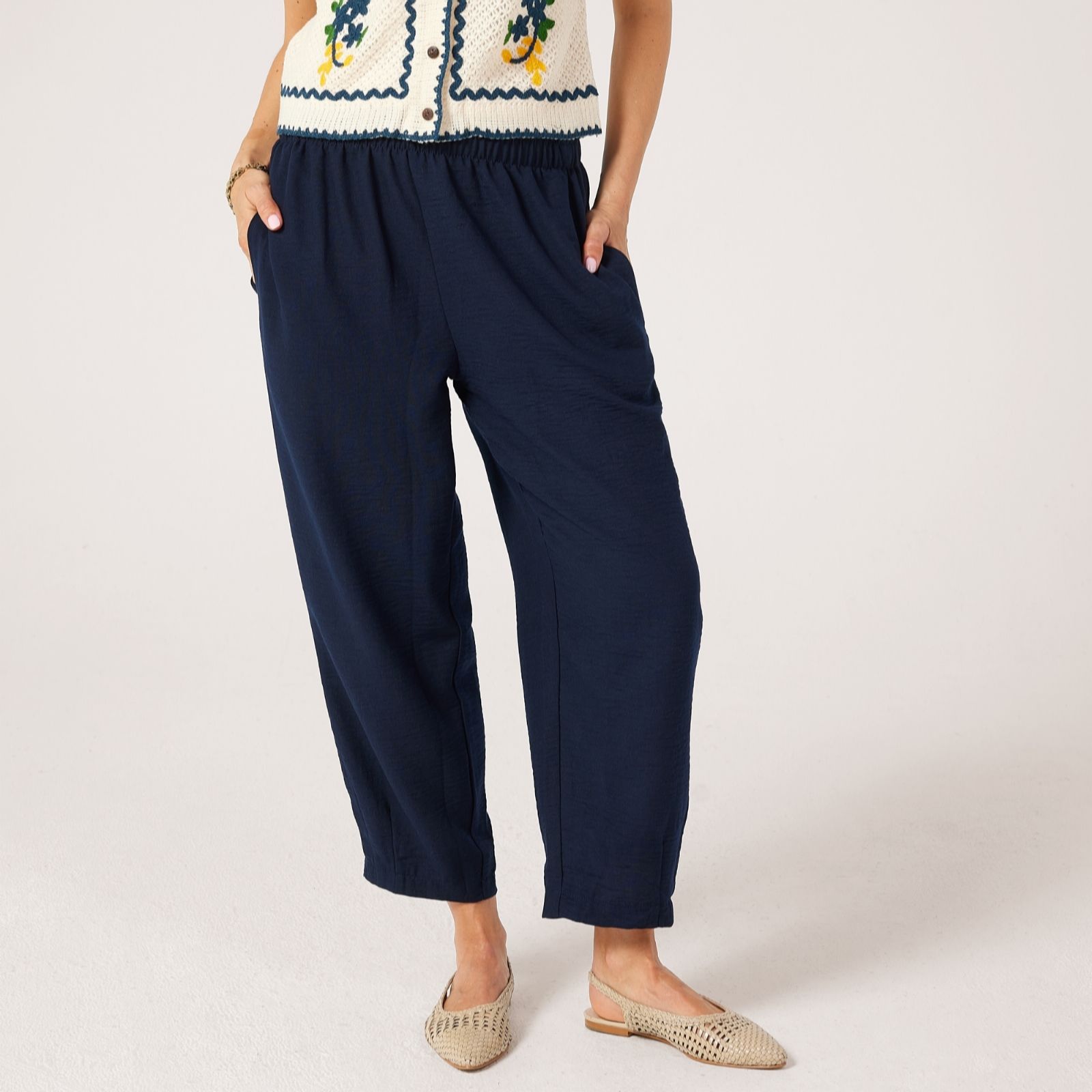 Kim & Co Blue Linen Feel Ankle Length Relaxed Carrot Petite Trousers