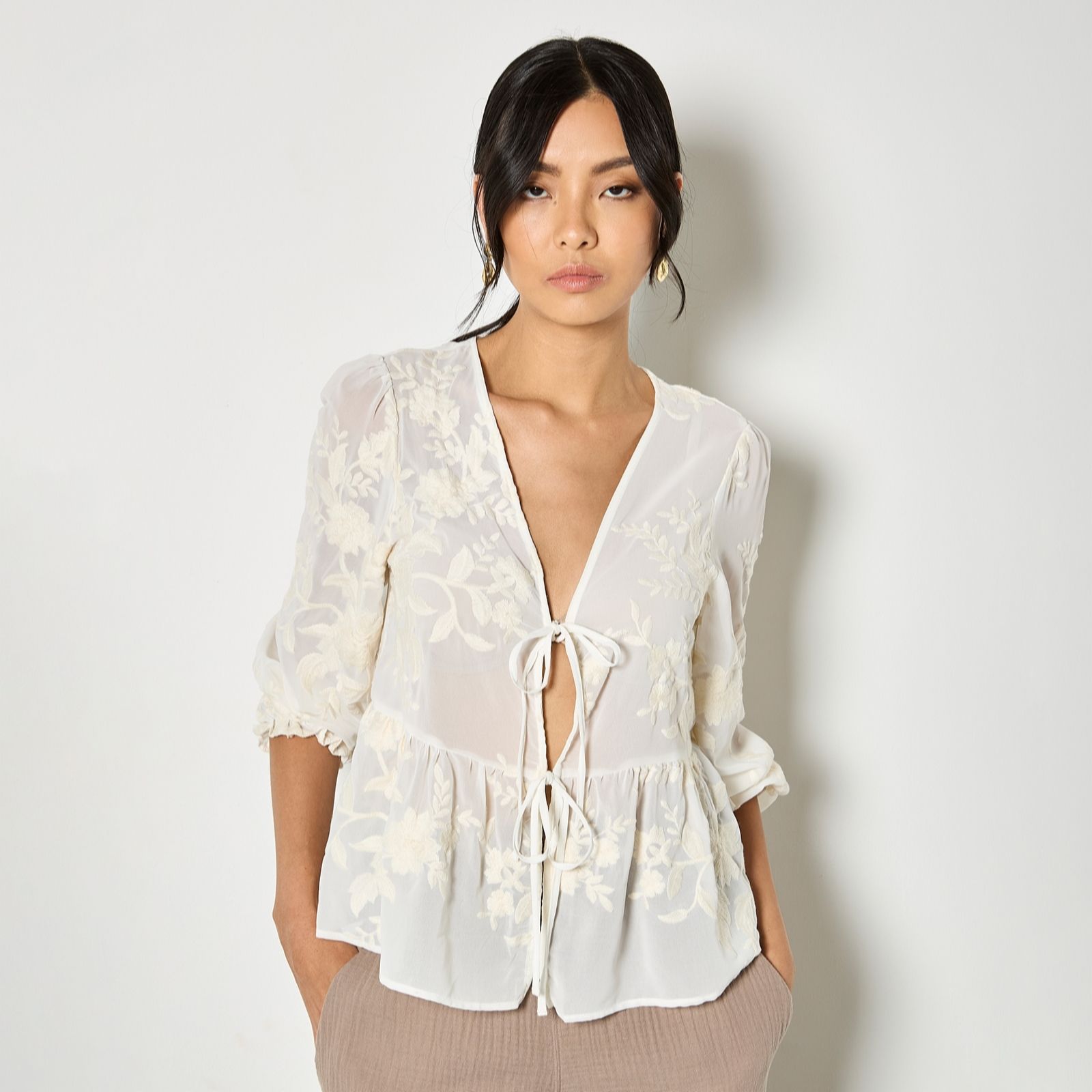 Apricot Brown Embroidered Chiffon Peplum Top
