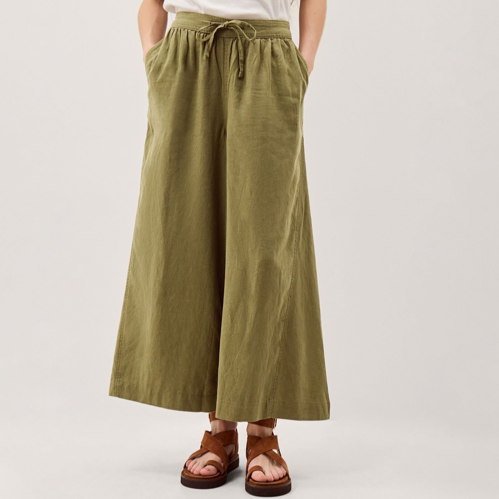 Monsoon Chocolate Maisie Linen Blend Wide Crop Trousers