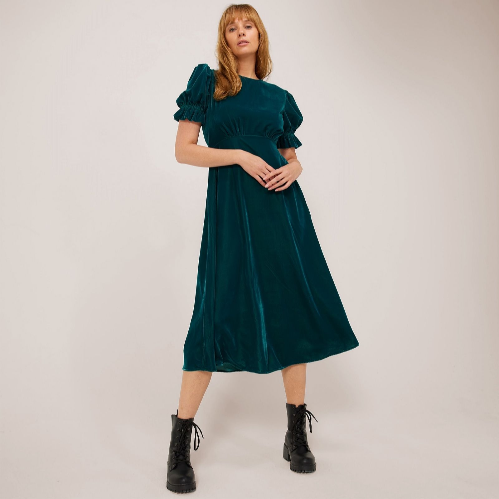 Finery London Mela Teal Stretch Velvet Midi Dress