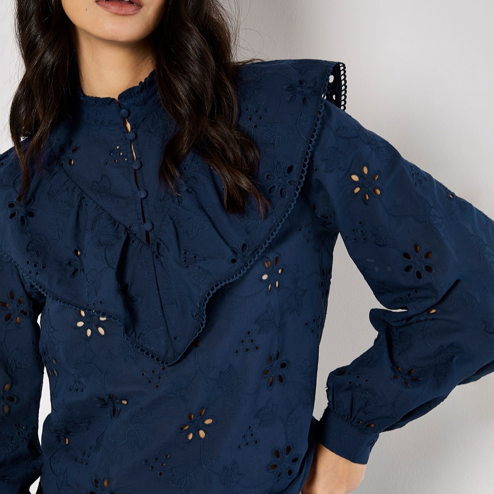 Apricot Embroidery Big Ruffle Shirt