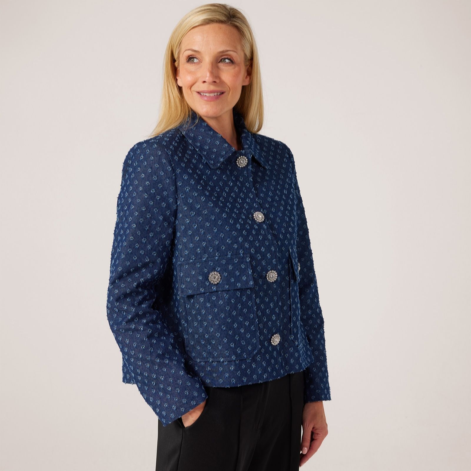 Helene Berman Denim Blue Denim Jacket With Crystal Button