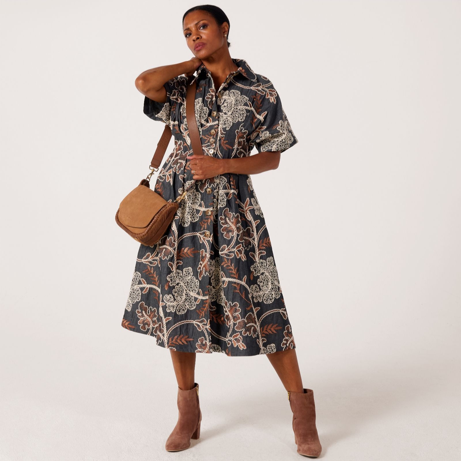 Helene Berman Dark Denim Embroidered Denim Pleated Waist Dress