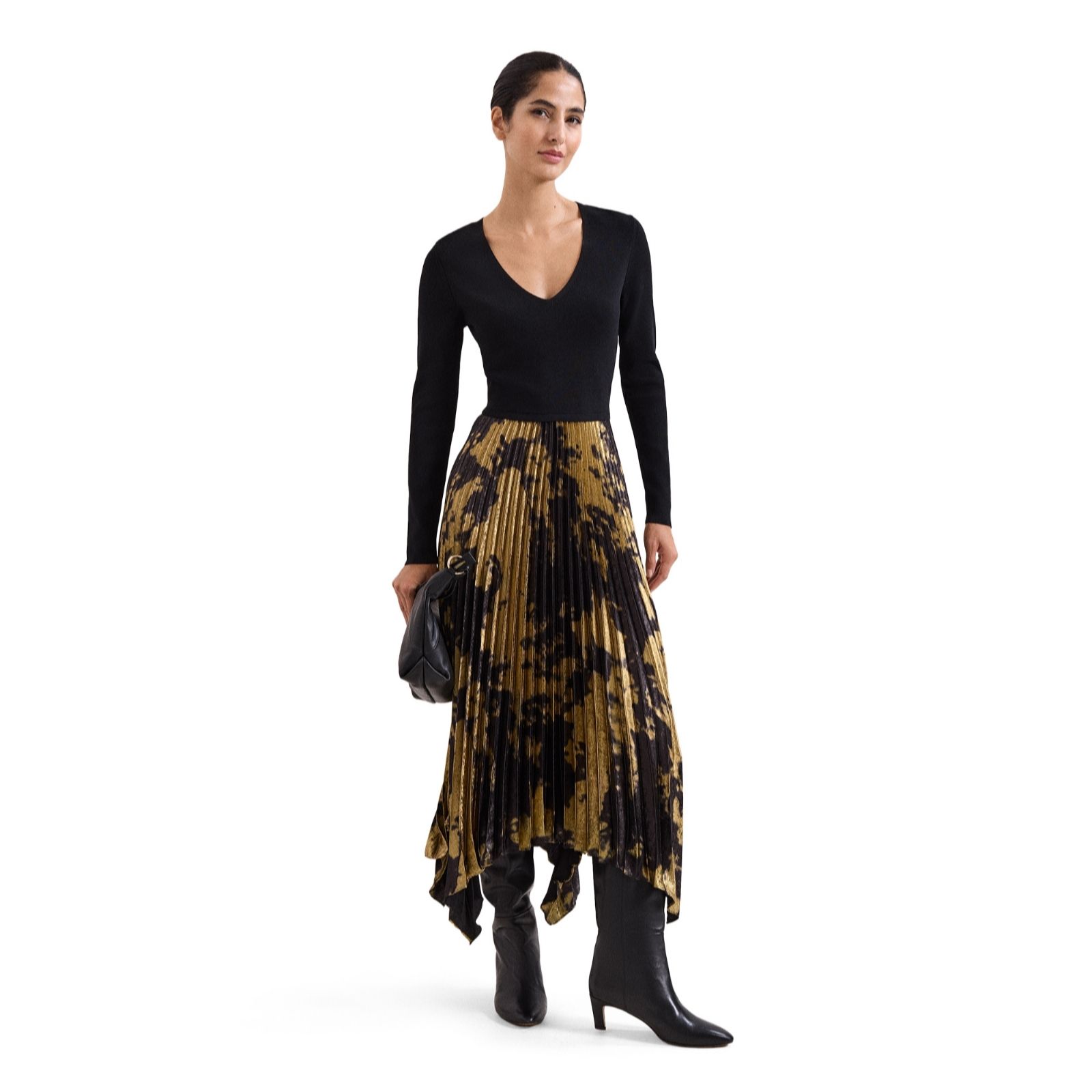 Phase Eight Gold Mix Media Foil Print Woven Hem Dress