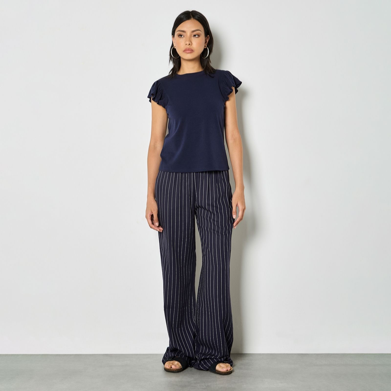Apricot Navy Pinstripe Linen Wide Leg Trousers
