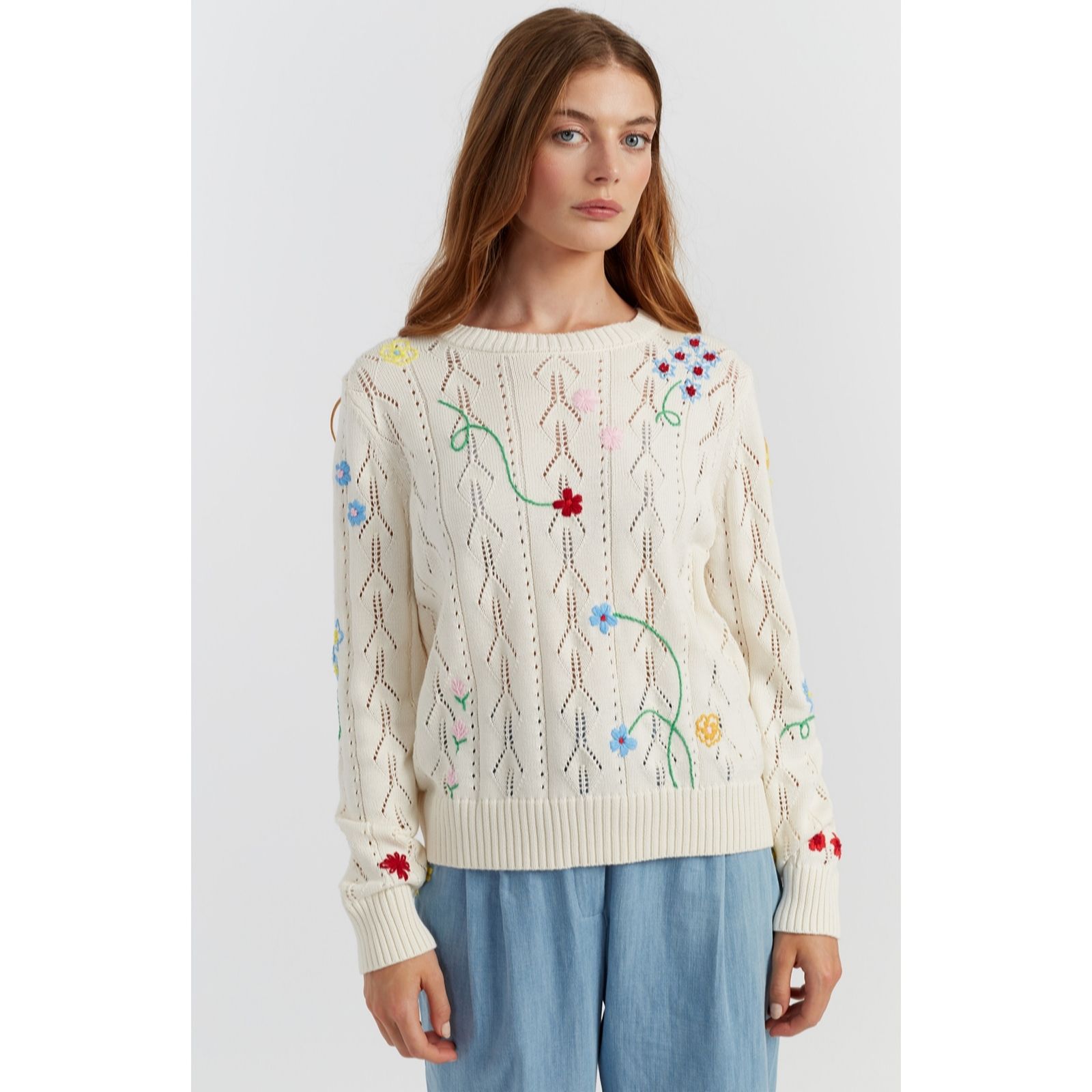 Chinti & Parker Cream 100% Cotton Hand Embroidered Floral Jumper