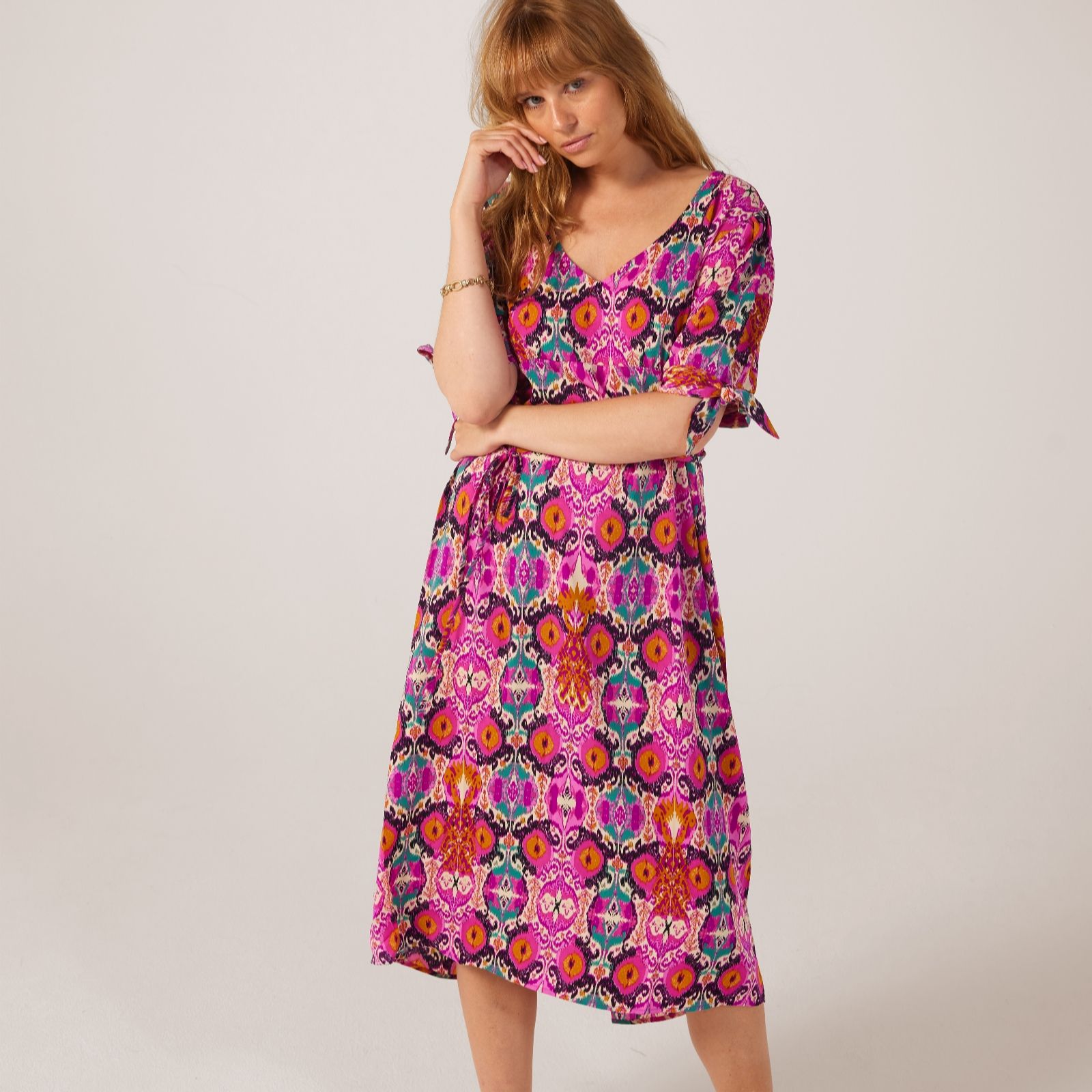 Frank Usher Midi Dress with V-Neck Elasticated Back Tie Sleeves