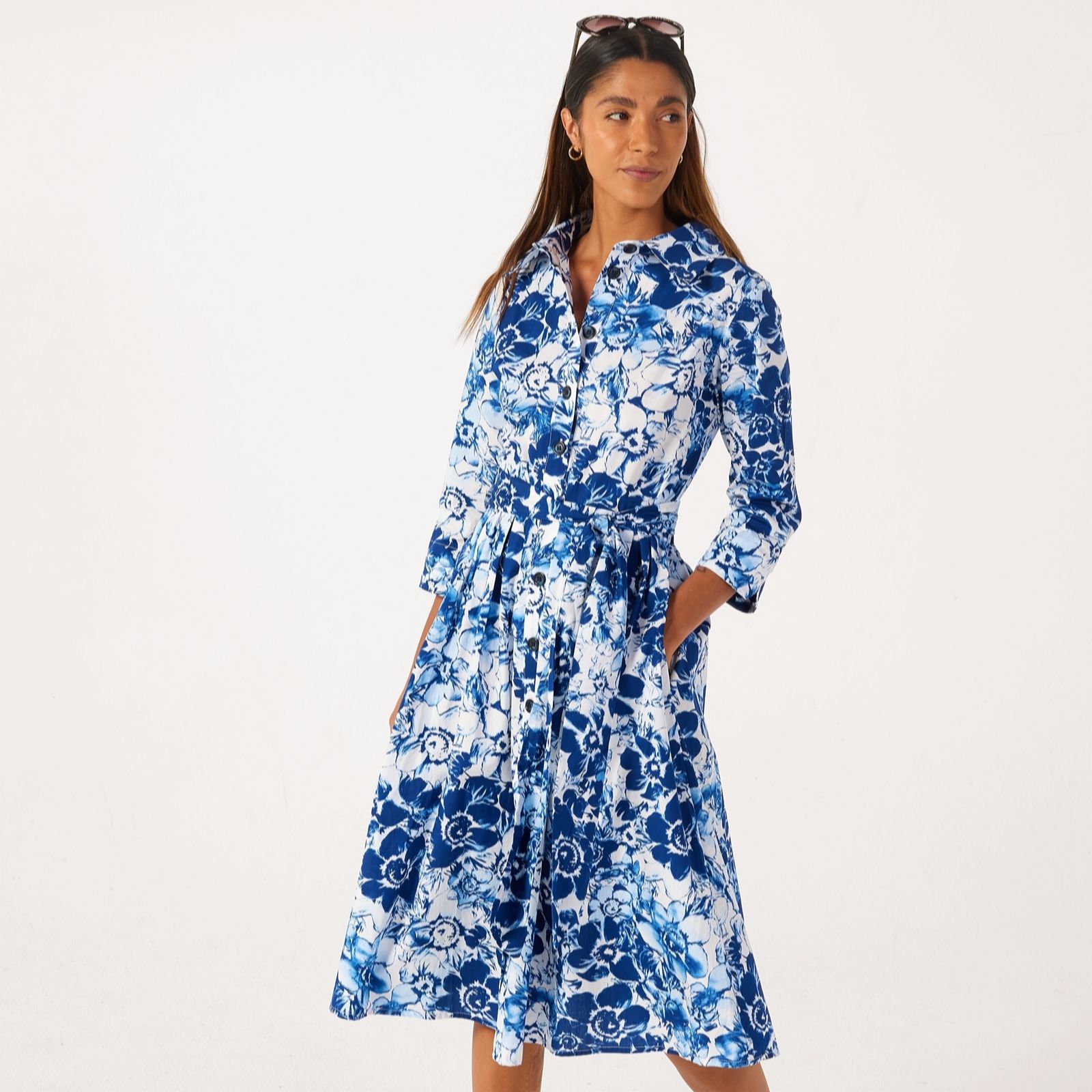 Helene Berman Blue Floral Cotton Floral Print Shirt Dress