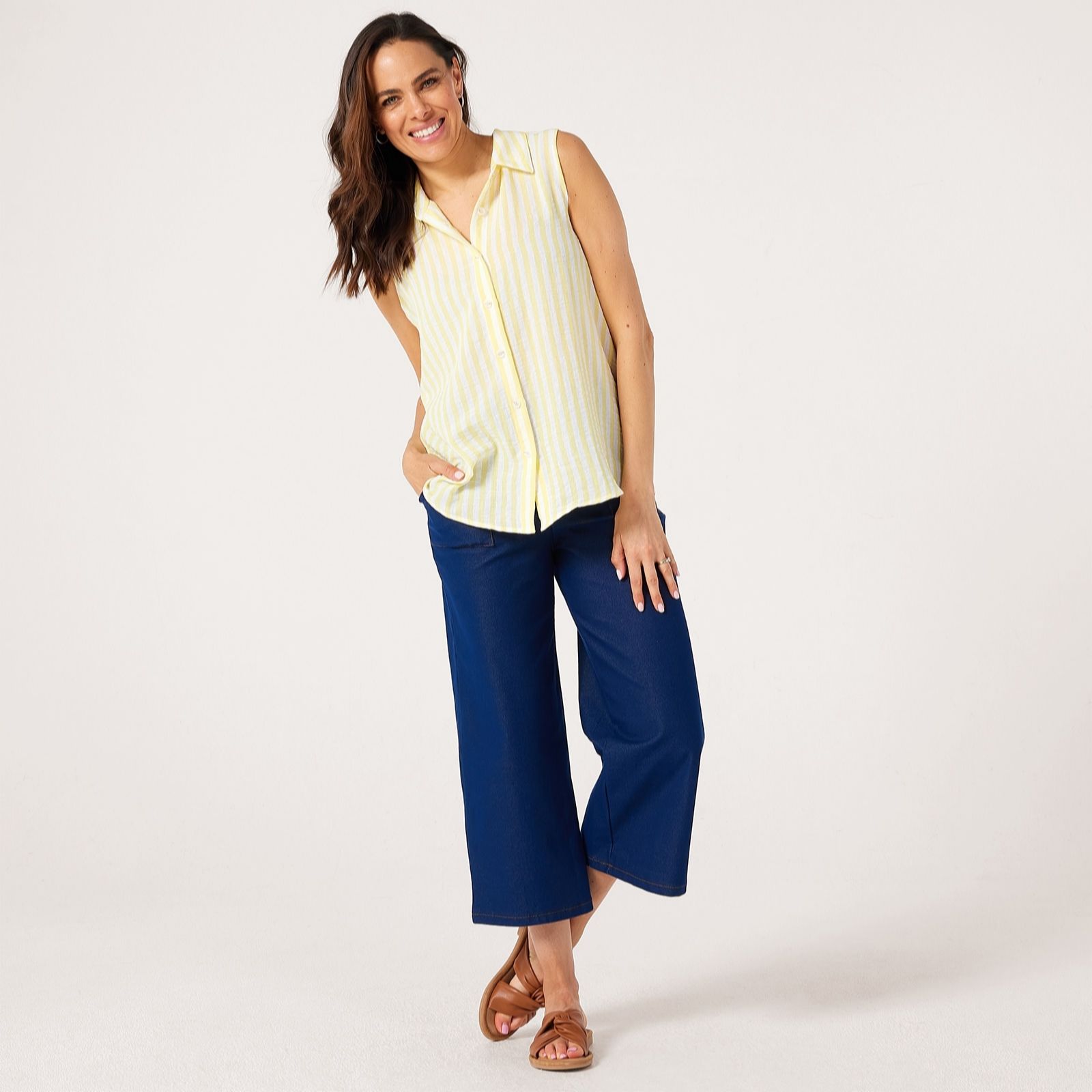 Kim & Co Celadon Ecru Striped Linen Feel Sleeveless Shirt