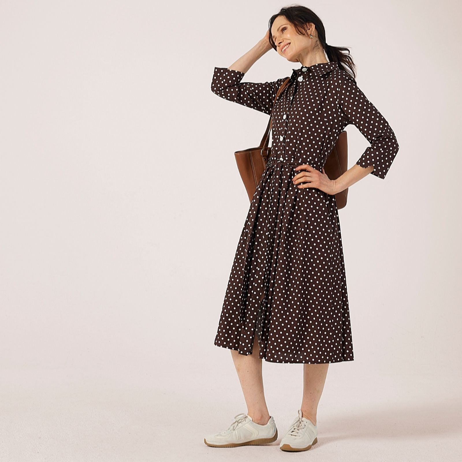 Helene Berman Brown & Ivory 100% Cotton Polka Dot Shirt Dress