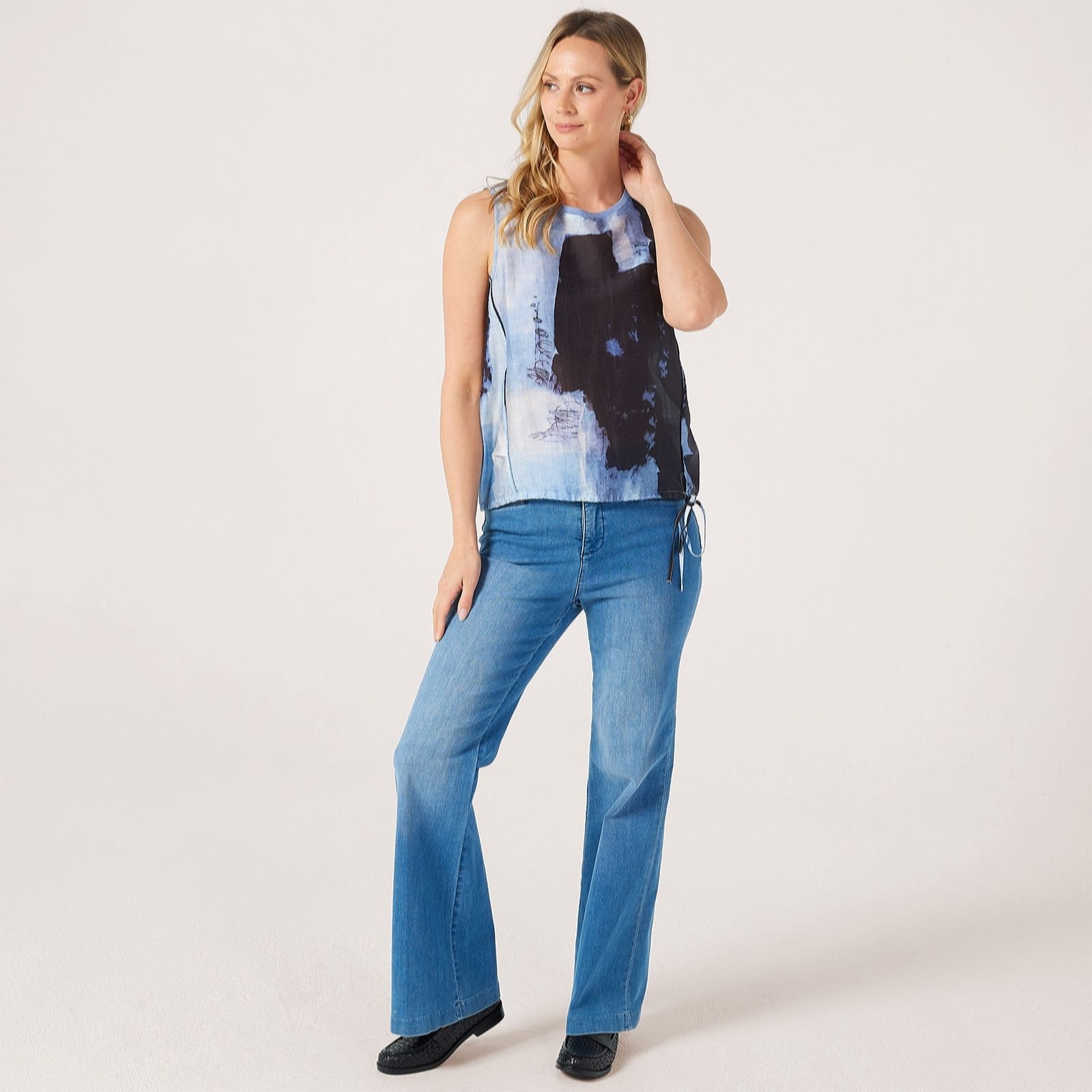Marlawynne Blue Combo Collection Printed Sleeveless Top Gathered Hem