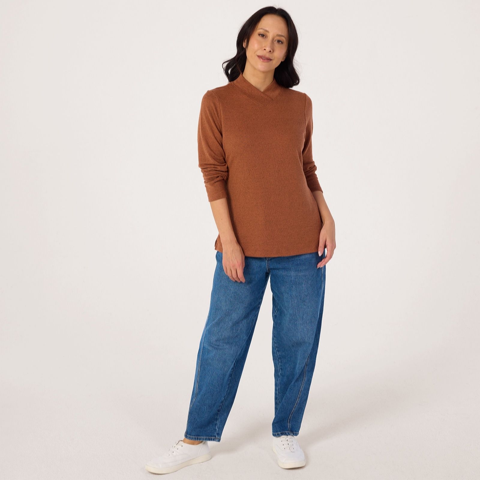 Denim & Co. Heavenly Jersey Crossover Mock Neck Long Sleeve Top