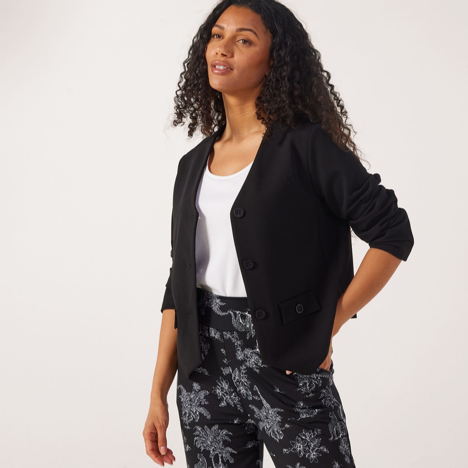 Kim & Co Black Ponte Crepe Leslie Long Sleeve Short Jacket
