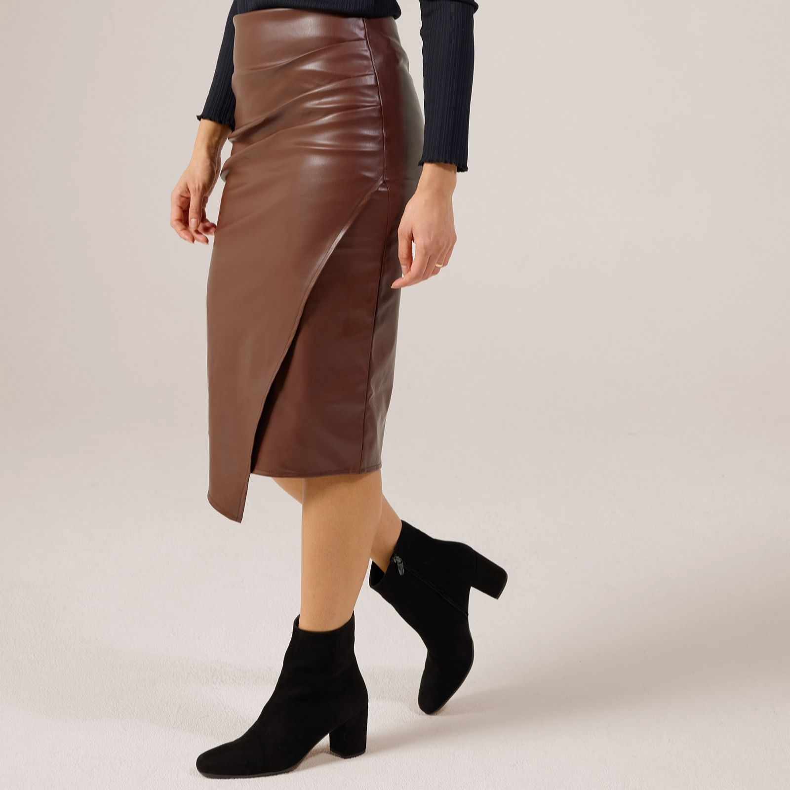 Nina Leonard Black Pleather Uneven Hem Pencil Skirt