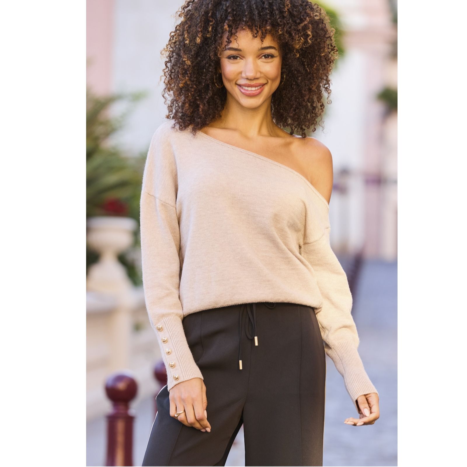 Sosandar Taupe Off-The-Shoulder Asymmetric Jumper