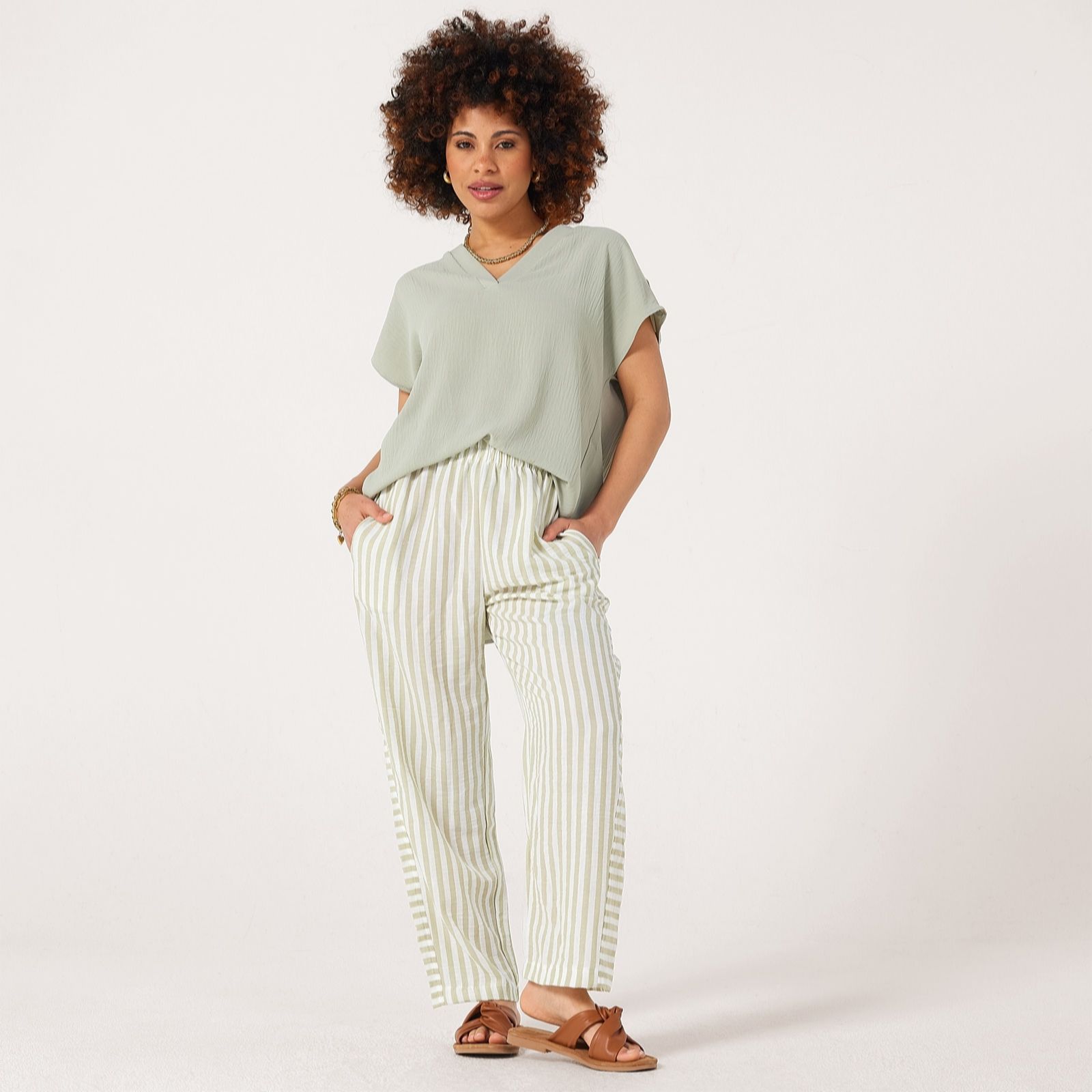 Kim & Co Women's Blue Ecru Striped Linen Feel Maya Ankle Length Relaxed Trousers