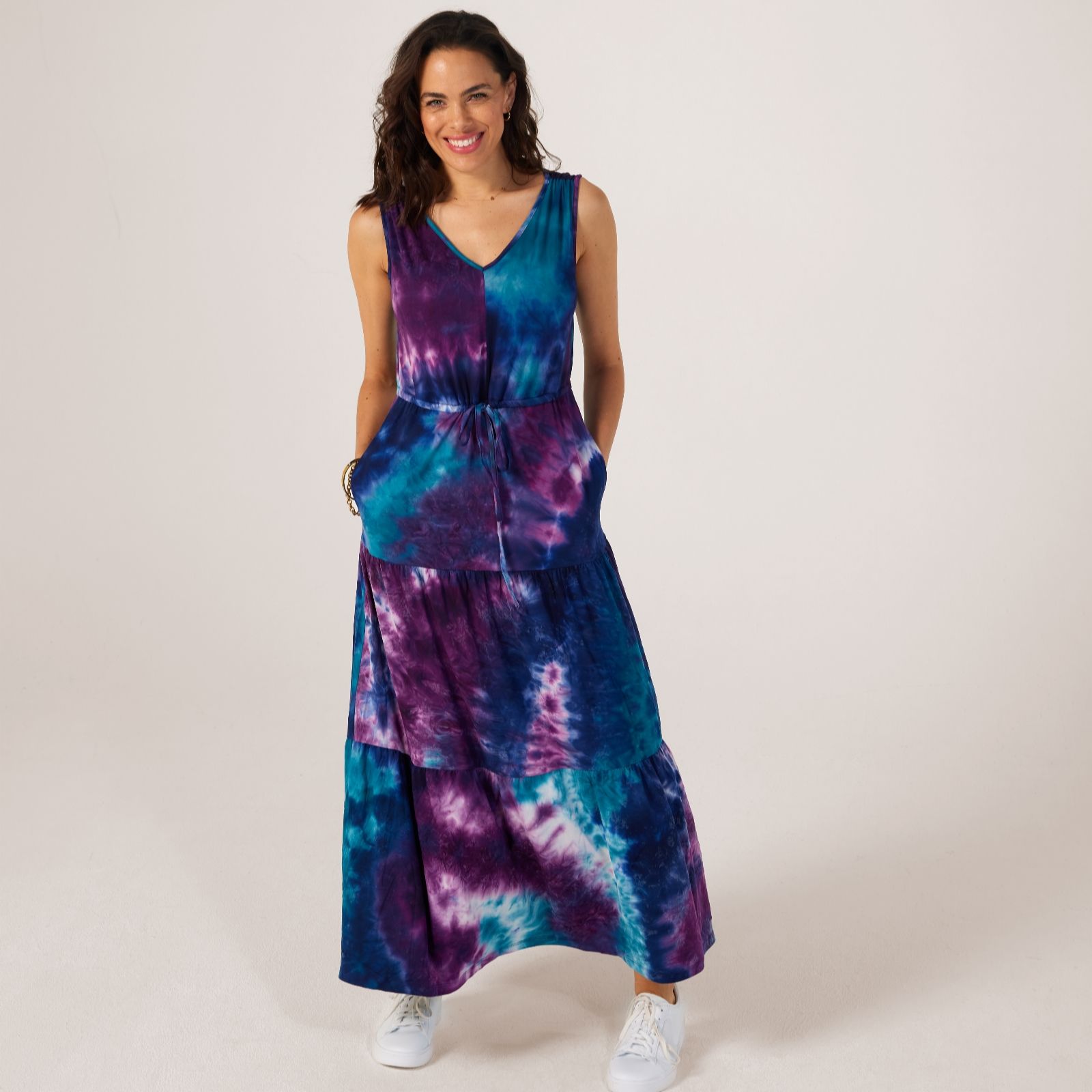 Nina Leonard Drawstring Tie Dye Tiered Maxi Dress
