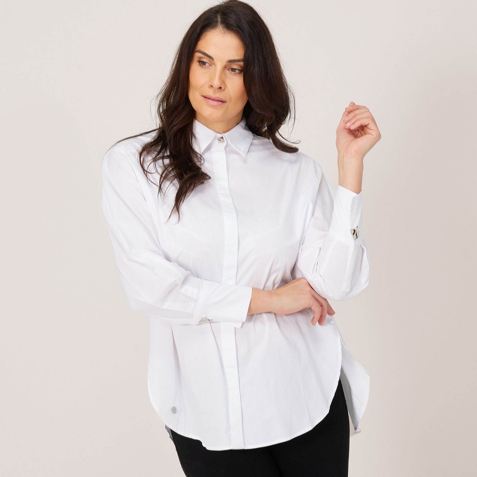 Malissa J Solid Colour Button Shirt Long Sleeves & Curved Hemline