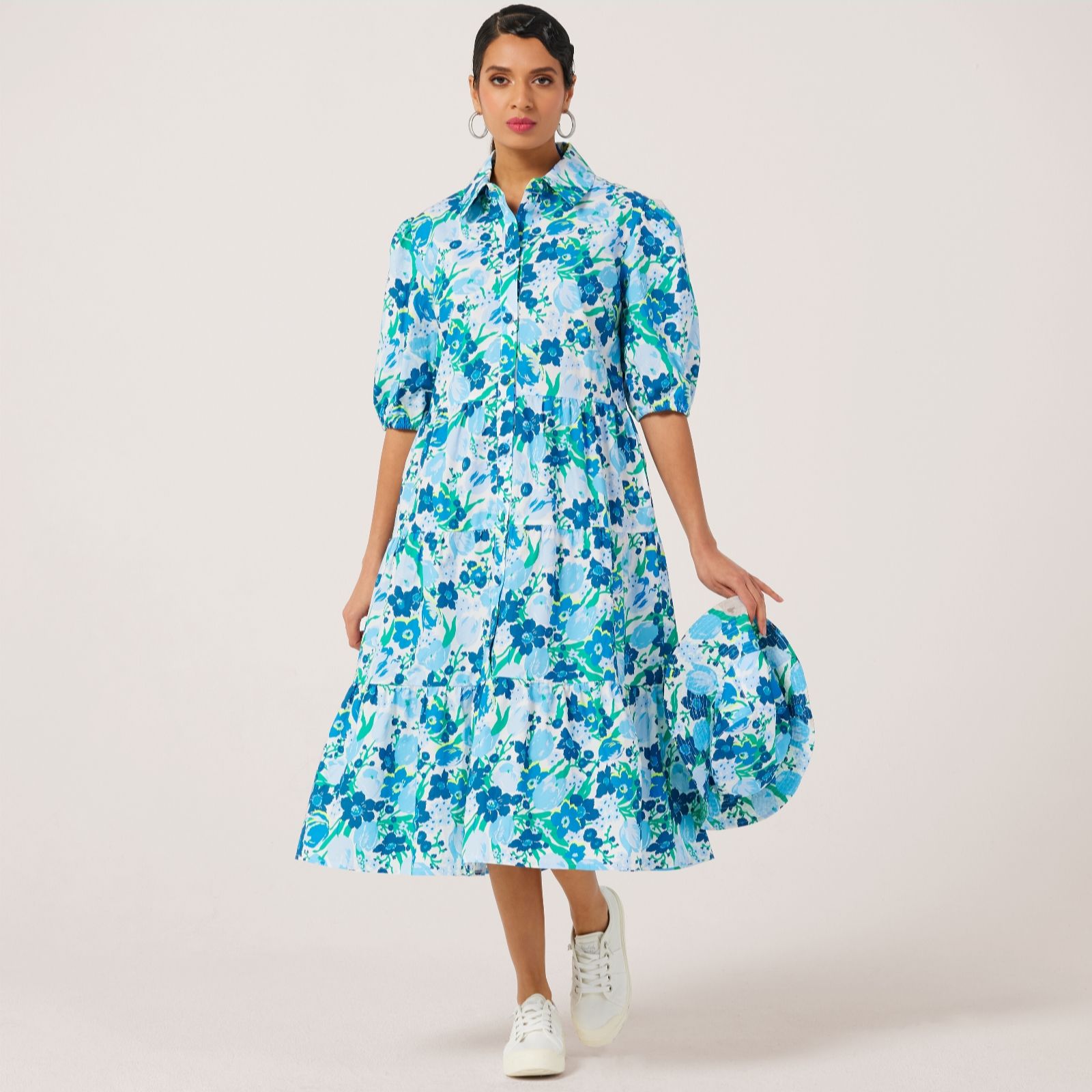Helene Berman Mariana's Bouquet Blue Made With Liberty Fabric Puff Sleeve Shirt Dress