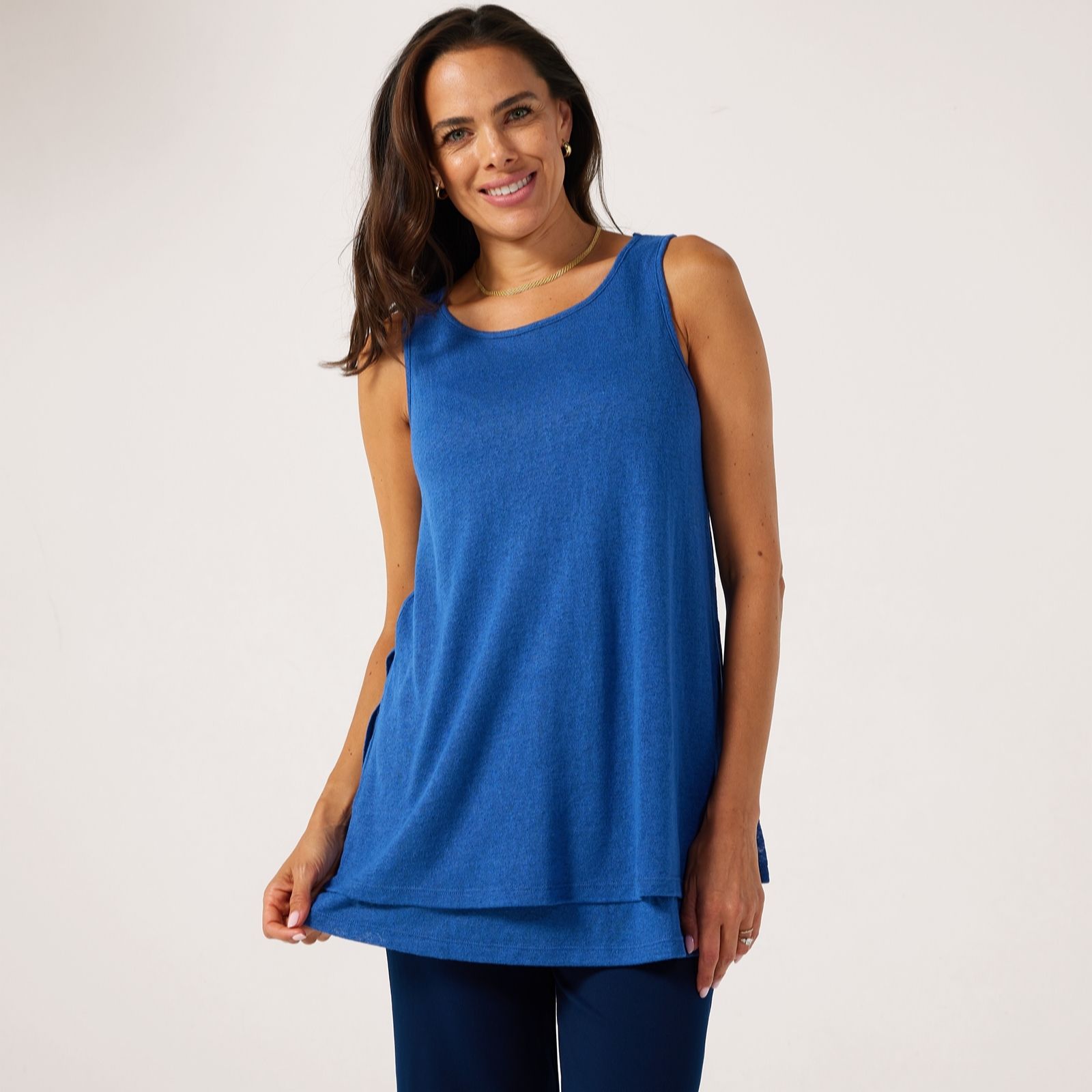 Kim & Co Chambray Linen Look Knit Sleeveless Double Layer Tunic