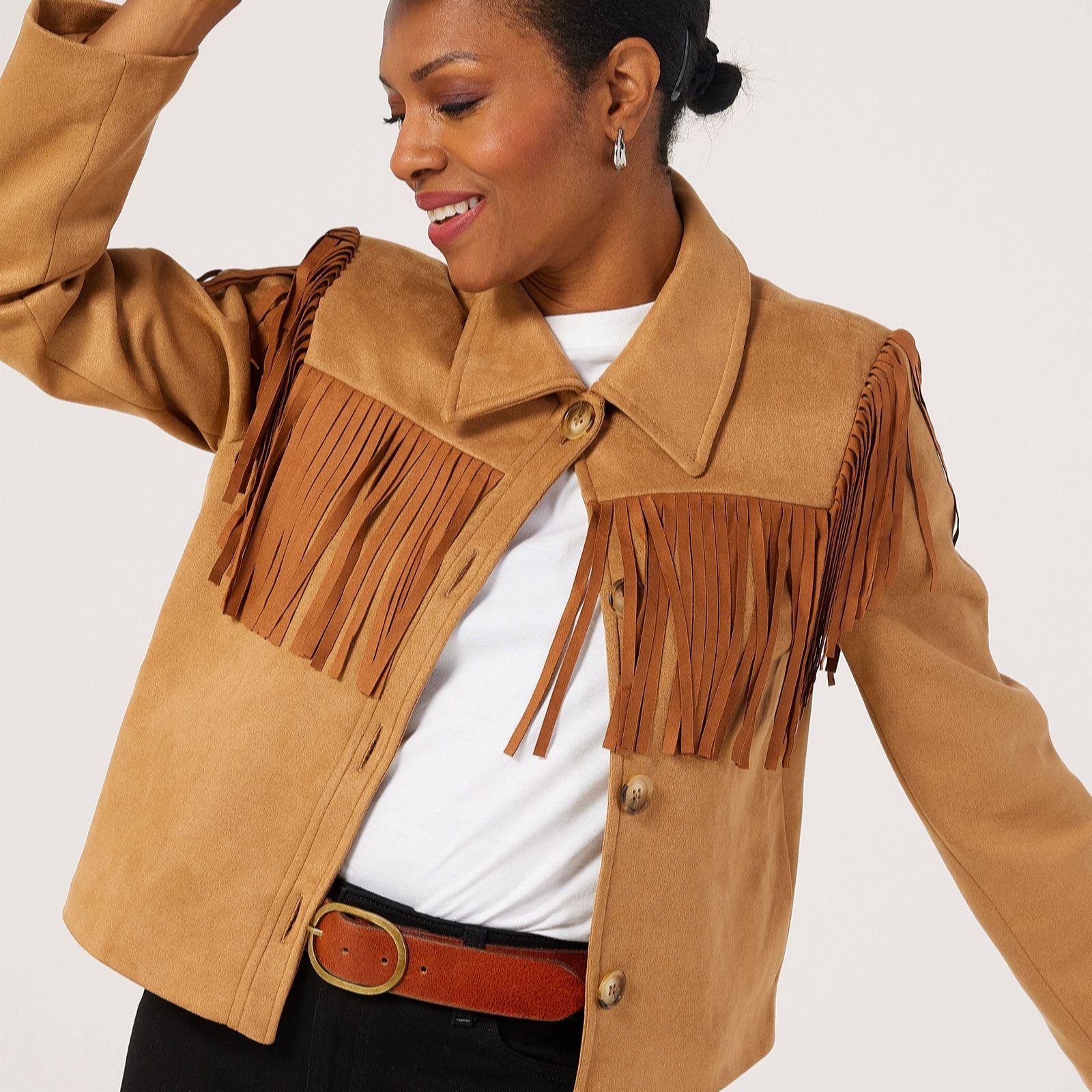 Helene Berman Tan Faux Suede Western Style Fringe Jacket
