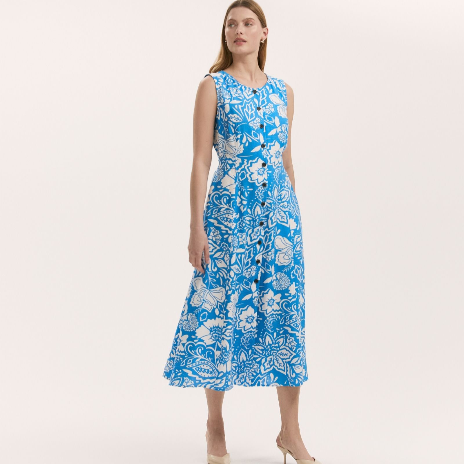 Aimee Blue Flower Button Through Sleeveless Midi Dress Size: 8