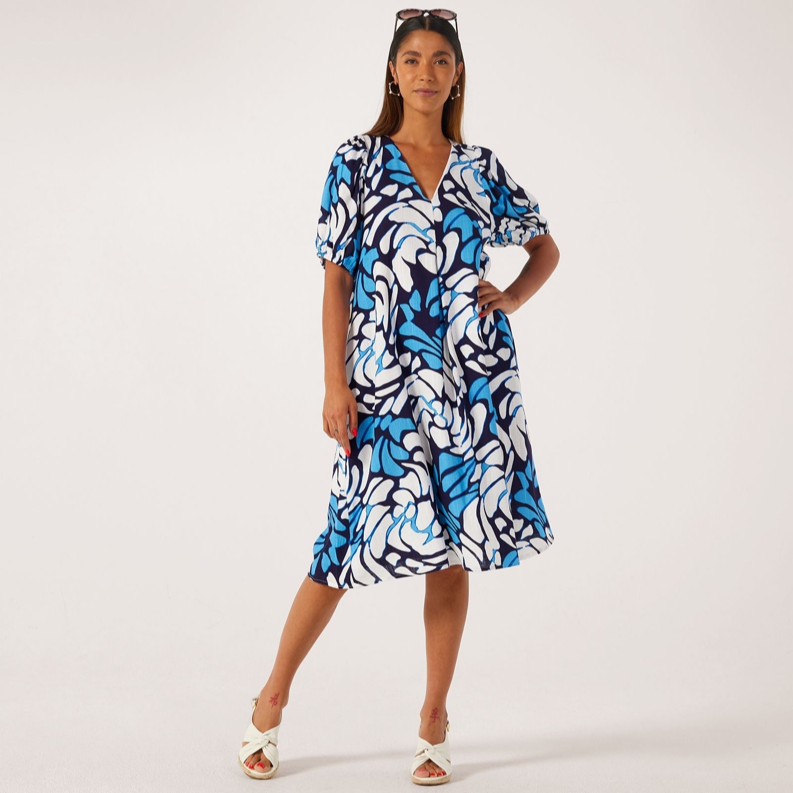 Helene Berman Blue Linen Viscose Mix Printed Puff Sleeve Dress