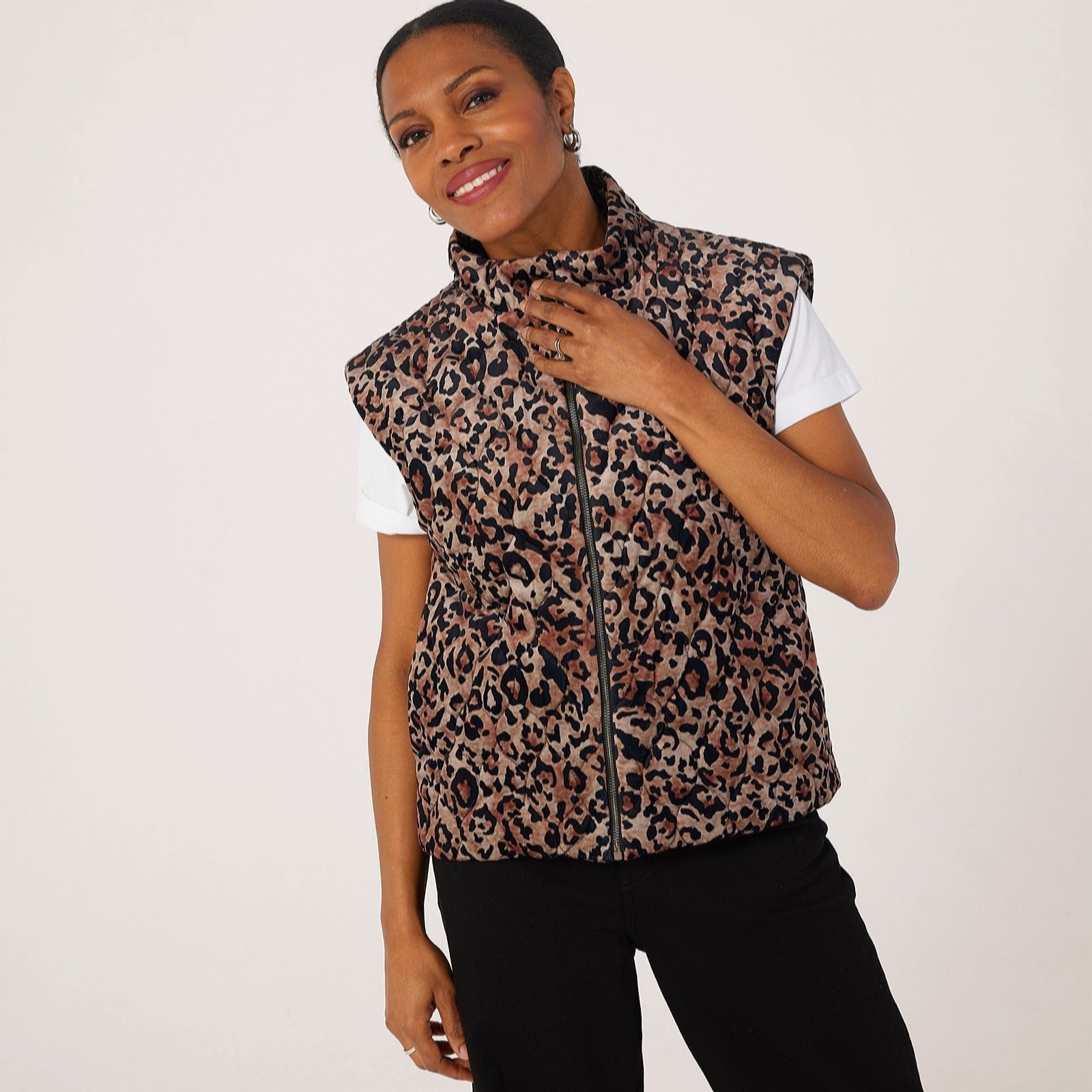 Helene Berman Animal Quilted Print Zip Up Gilet