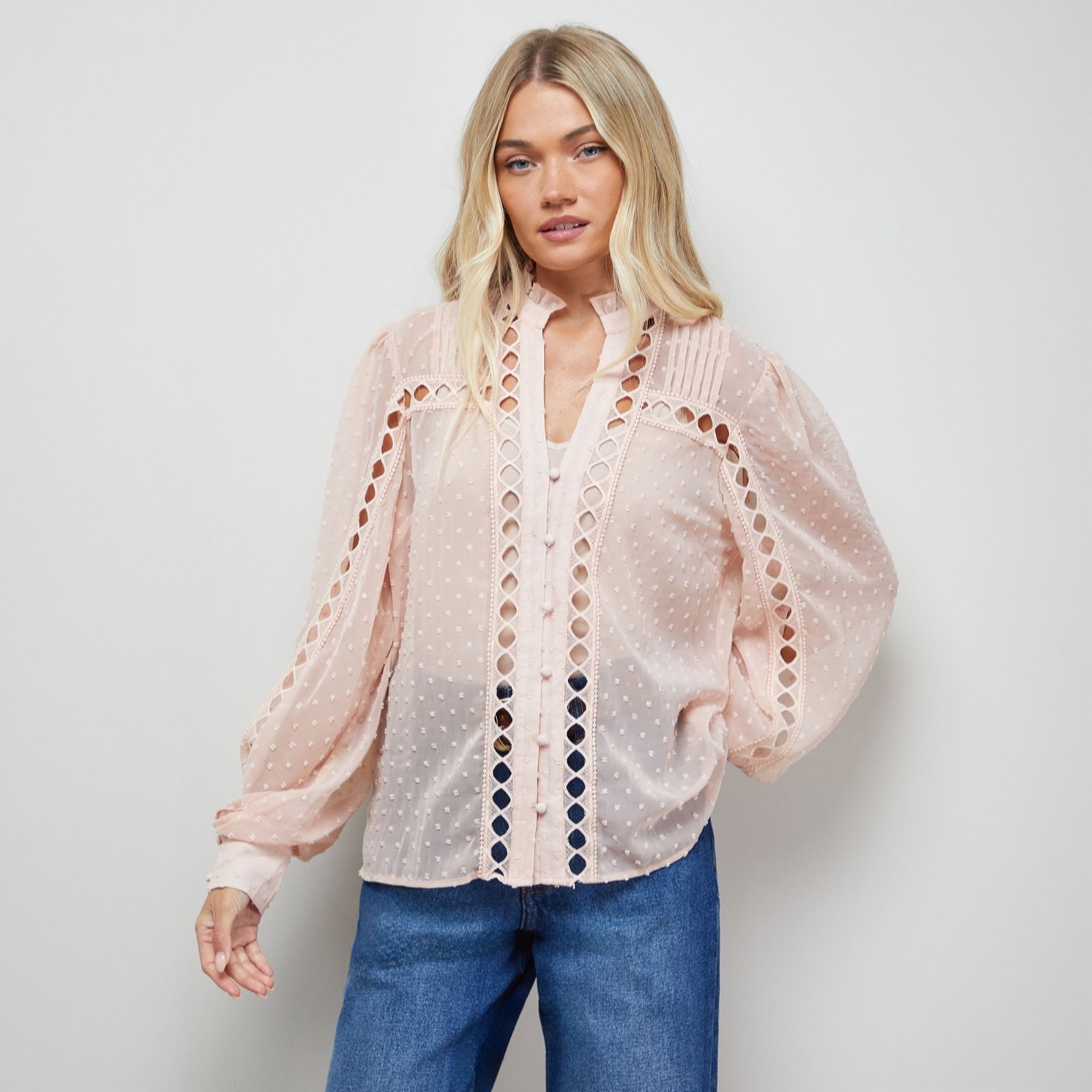 Oasis Dobby Chiffon Trim Detail Button Down Blouse women's