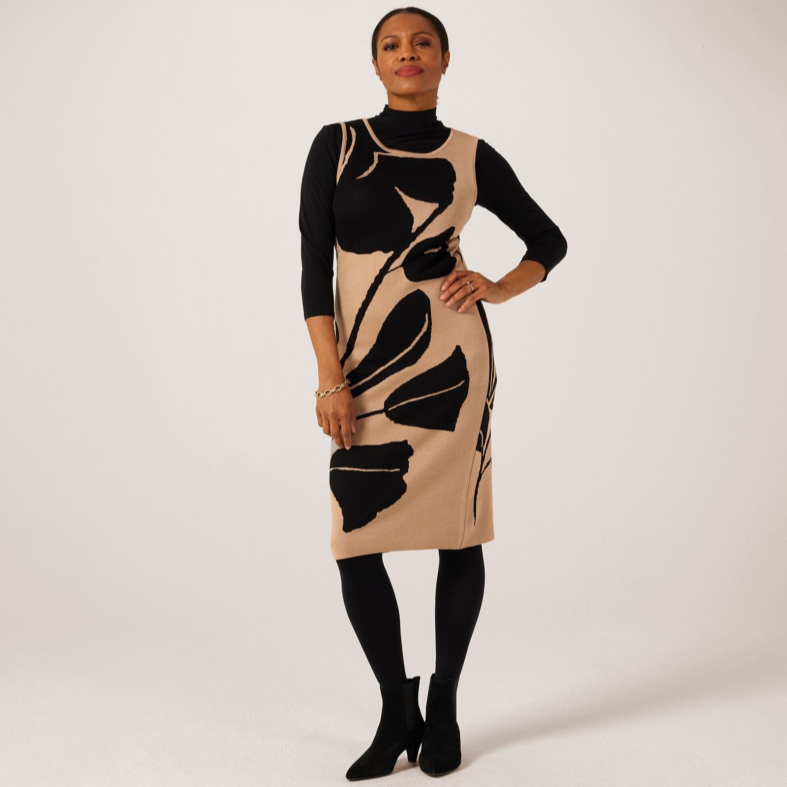 Nina Leonard Navy,Ivory Sleeveless Knit Jacquard Dress