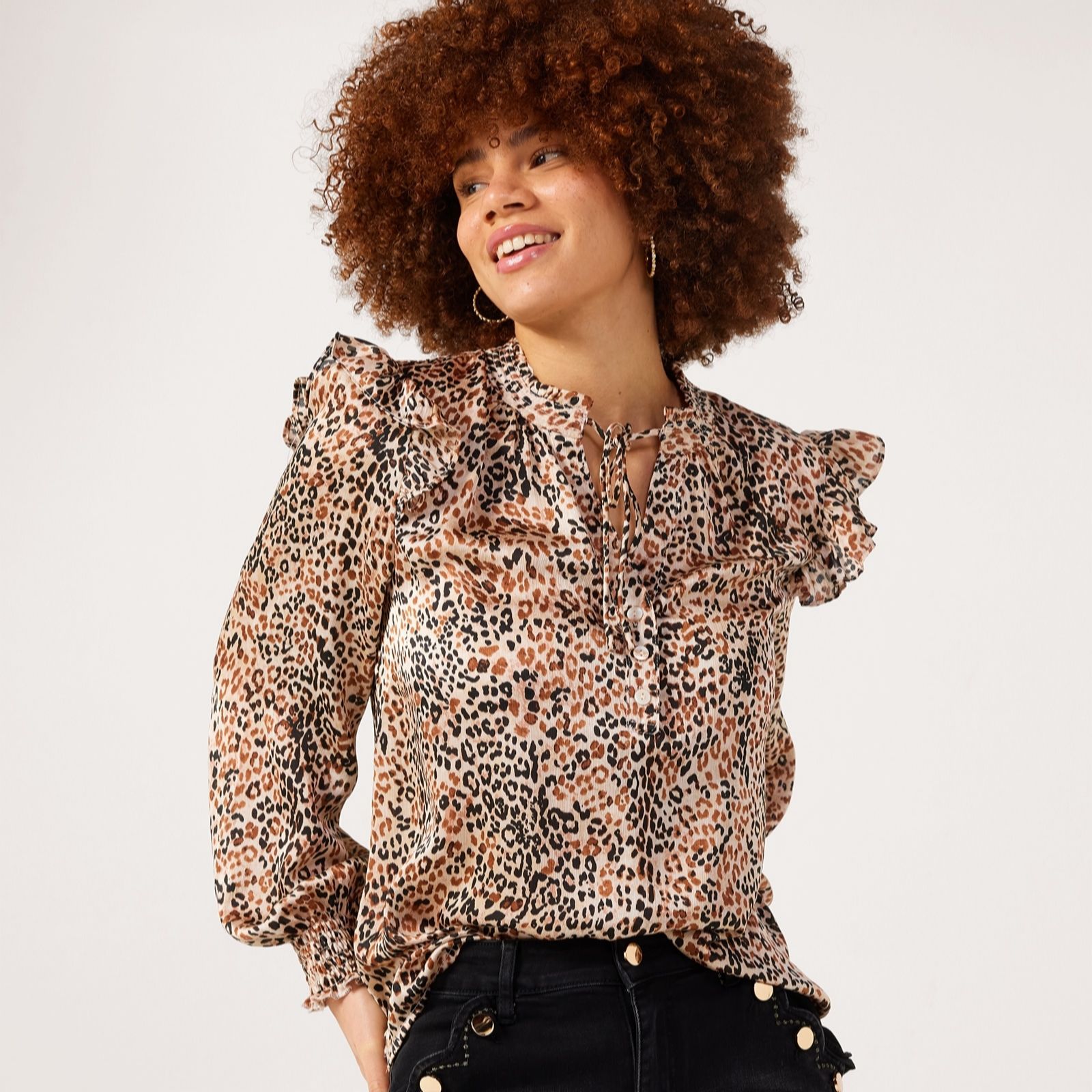 Izabel London Frilled Detail Animal Print Shirt